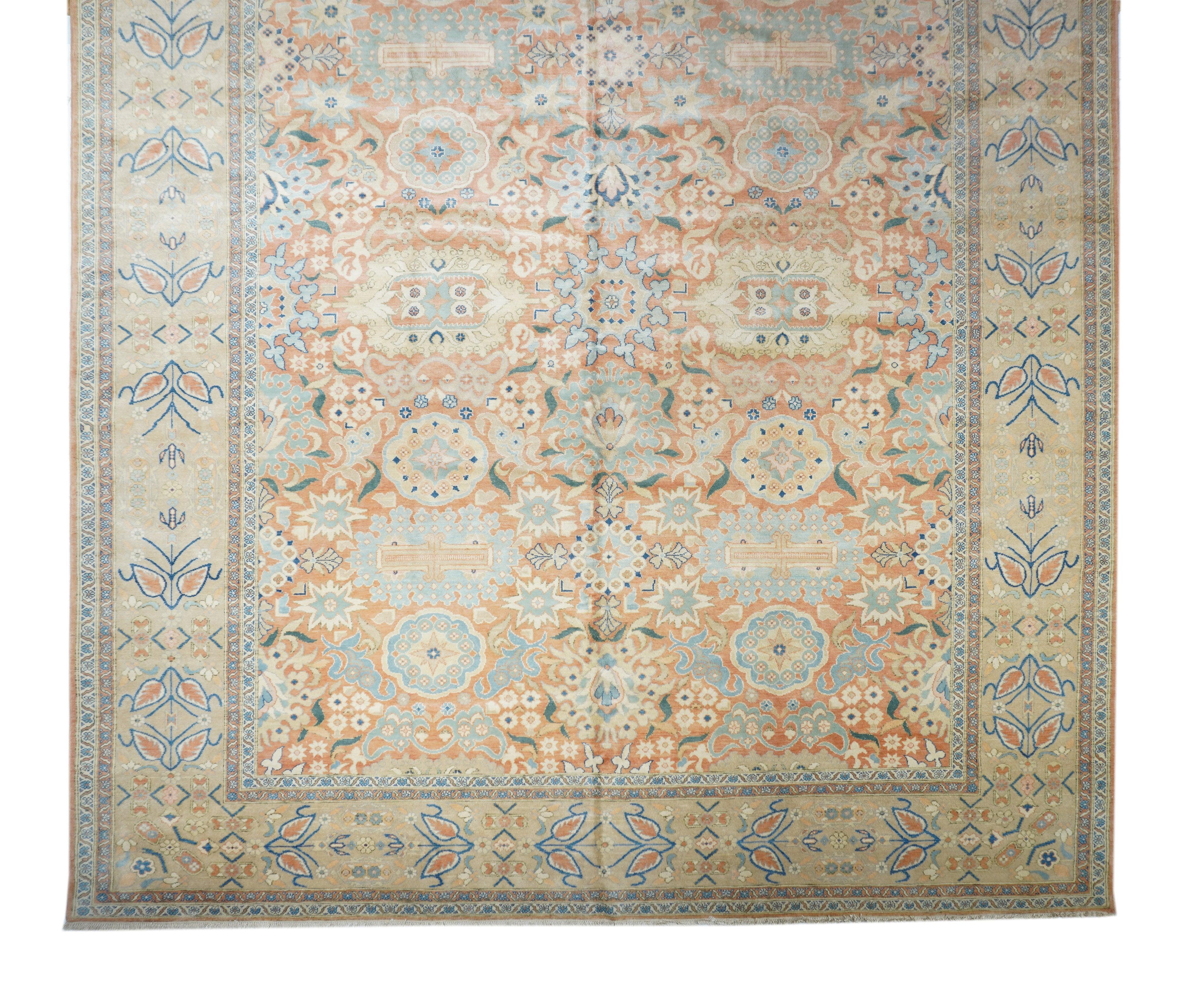 Egyptian Rug 13'1'' x 18'8''. Modern carpet production in Egypt began in the 1960's, and the production has followed, as here, Sultanabad/Ziegler models, in light tones, predominantly light rust, sand, straw, pale blue, pale green, with touches in