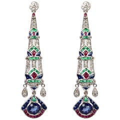 Egyptian Sapphire, Emerald, Ruby, Diamond Long Drop Earrings 18 Karat