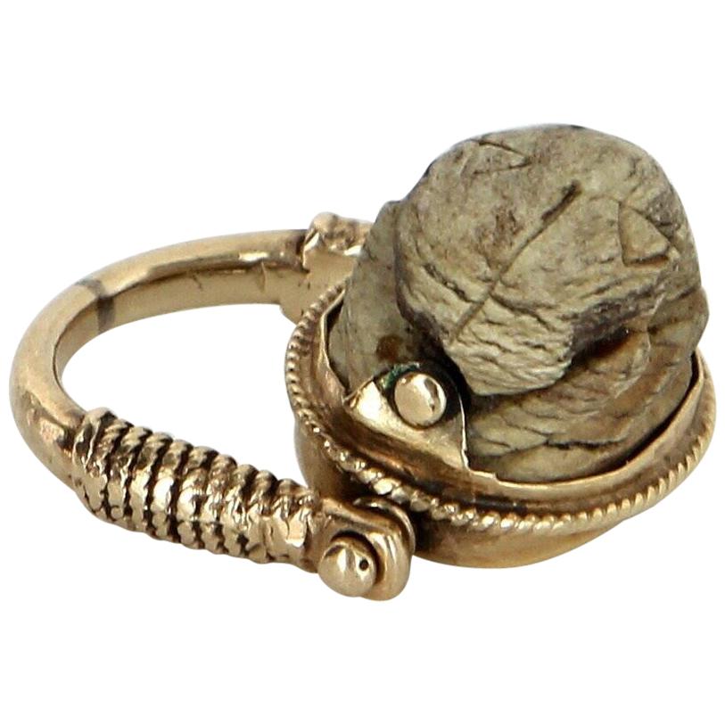Egyptian Scarab Beetle Flip Ring Vintage 14 Karat Gold Estate Fine Jewelry