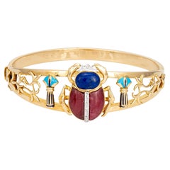 Egyptian Scarab Bracelet Vintage 18k Yellow Gold Bangle Diamond Lapis Lotus