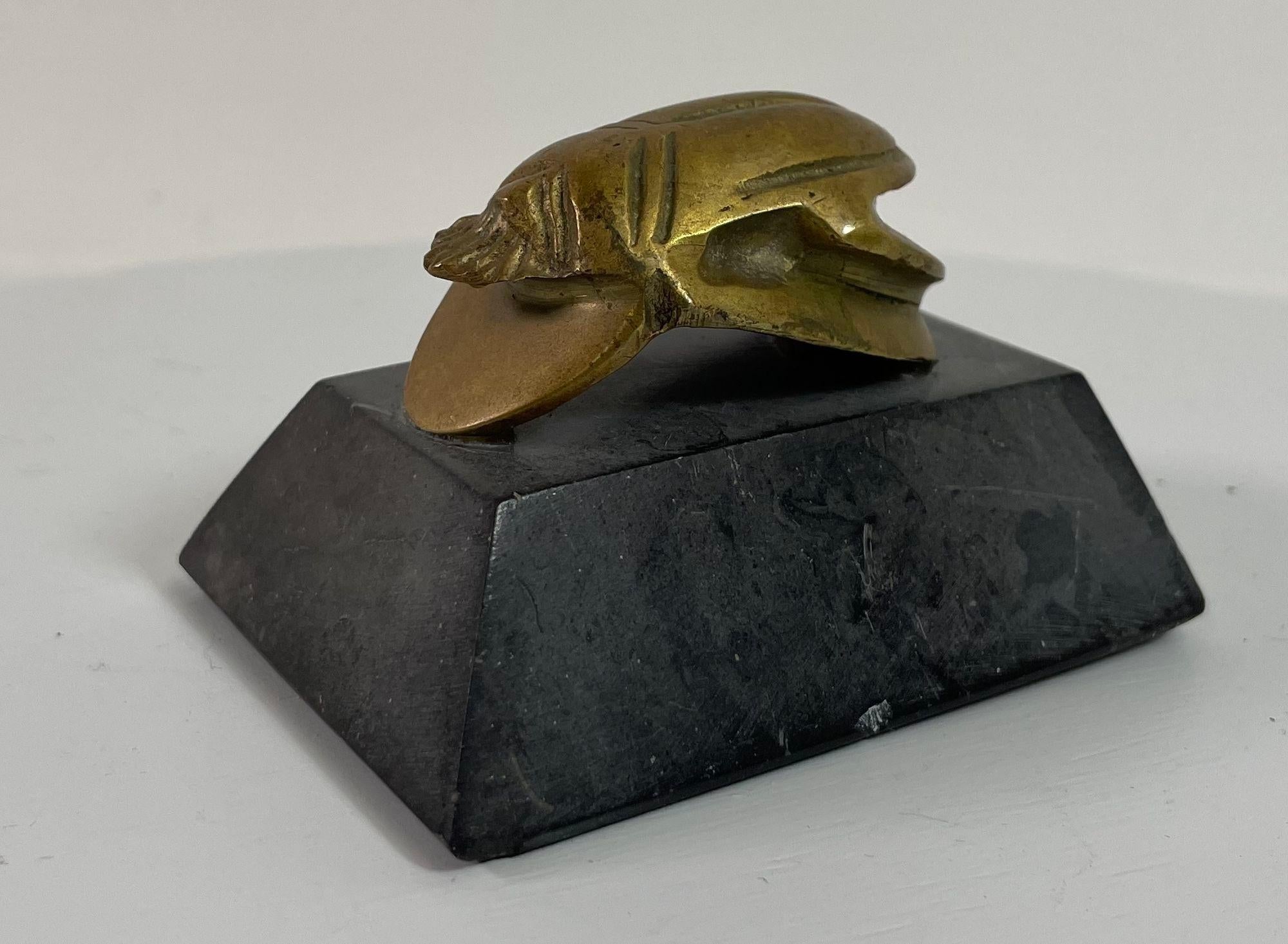 Egyptian Scarab Brass Beetle Figurine on Black Stone Stand For Sale 4
