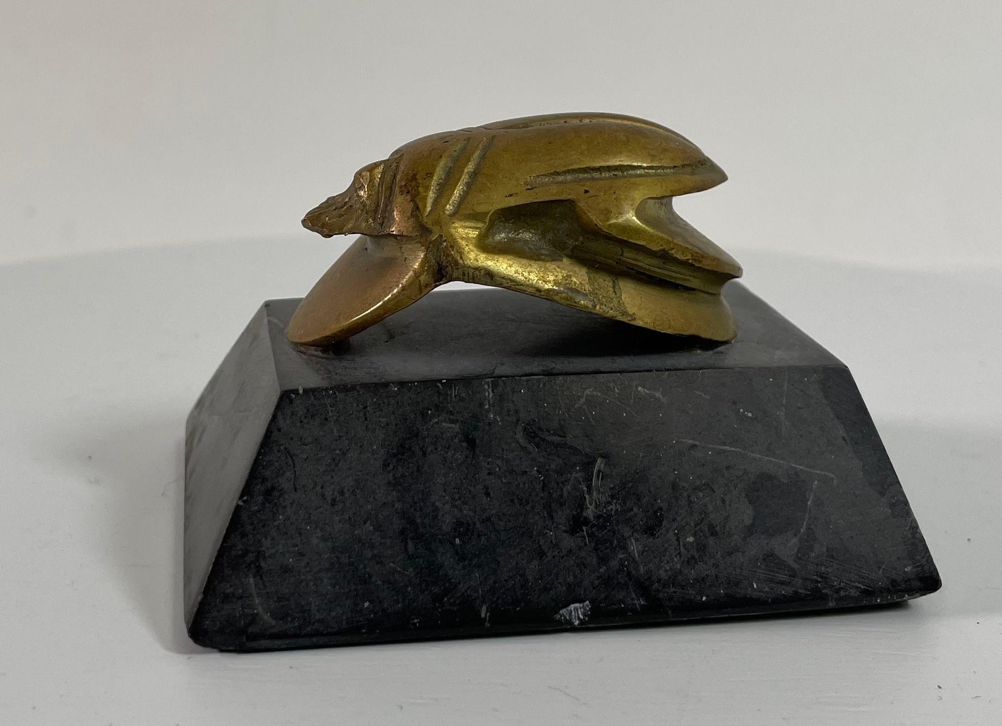 Egyptian Scarab Brass Beetle Figurine on Black Stone Stand For Sale 5
