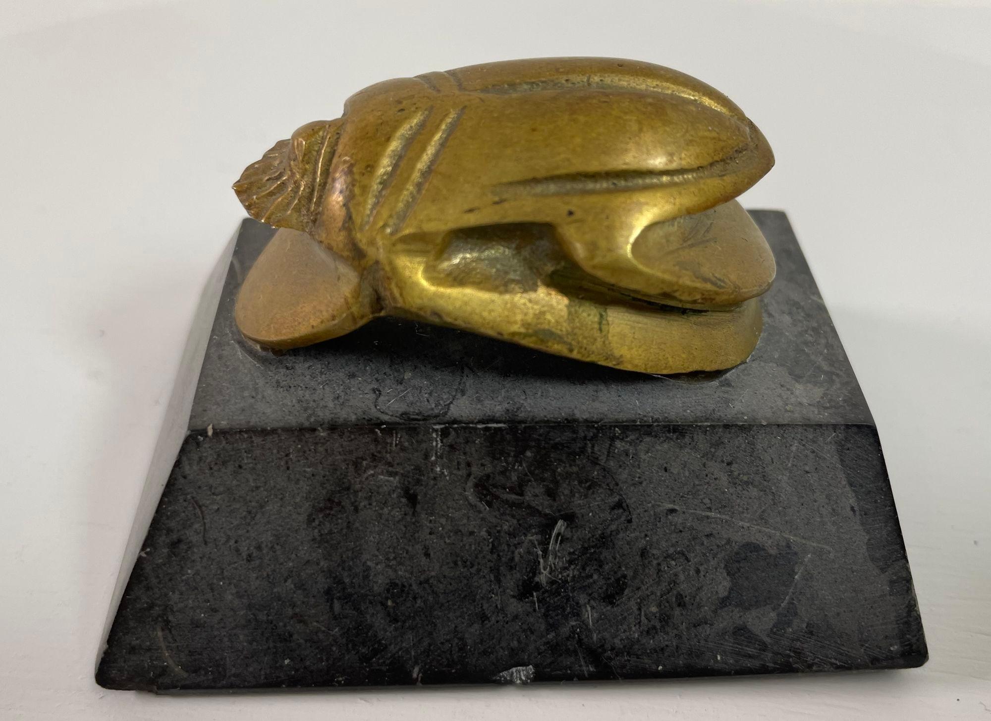 Egyptian Scarab Brass Beetle Figurine on Black Stone Stand For Sale 6