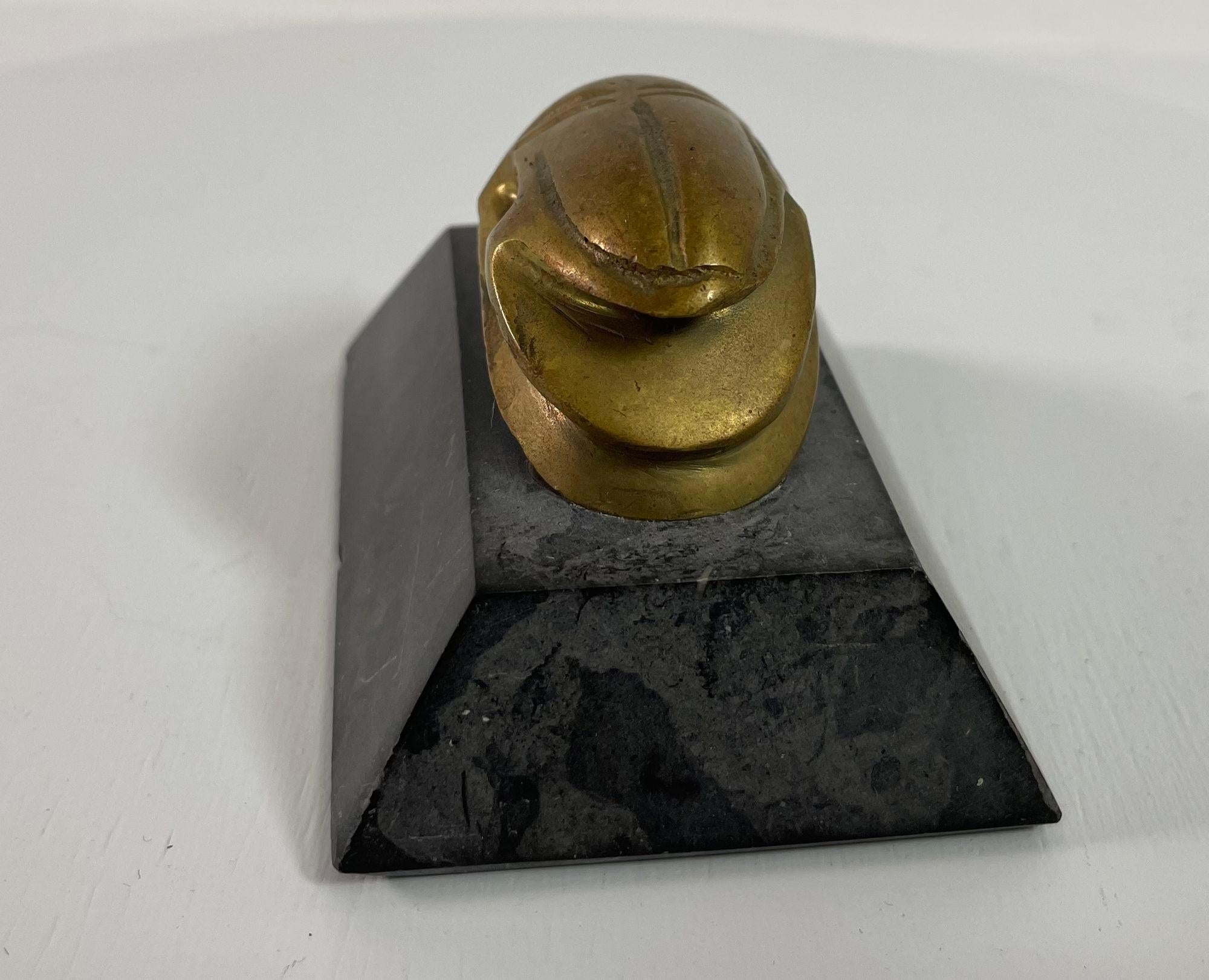 Egyptian Scarab Brass Beetle Figurine on Black Stone Stand For Sale 8
