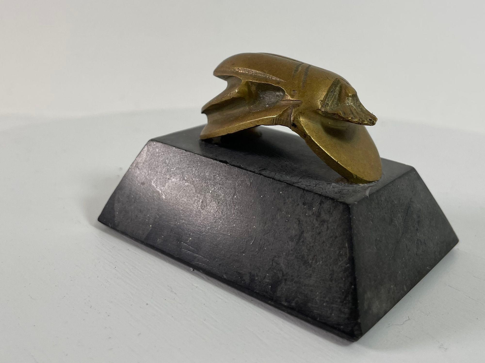 Egyptian Scarab Brass Beetle Figurine on Black Stone Stand For Sale 10