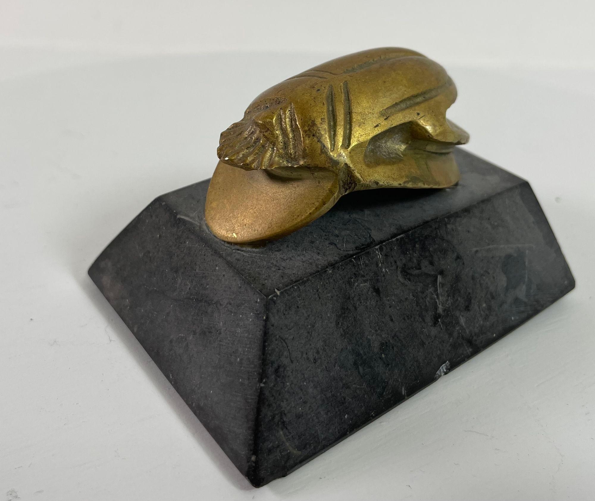 Egyptian Scarab Brass Beetle Figurine on Black Stone Stand For Sale 12