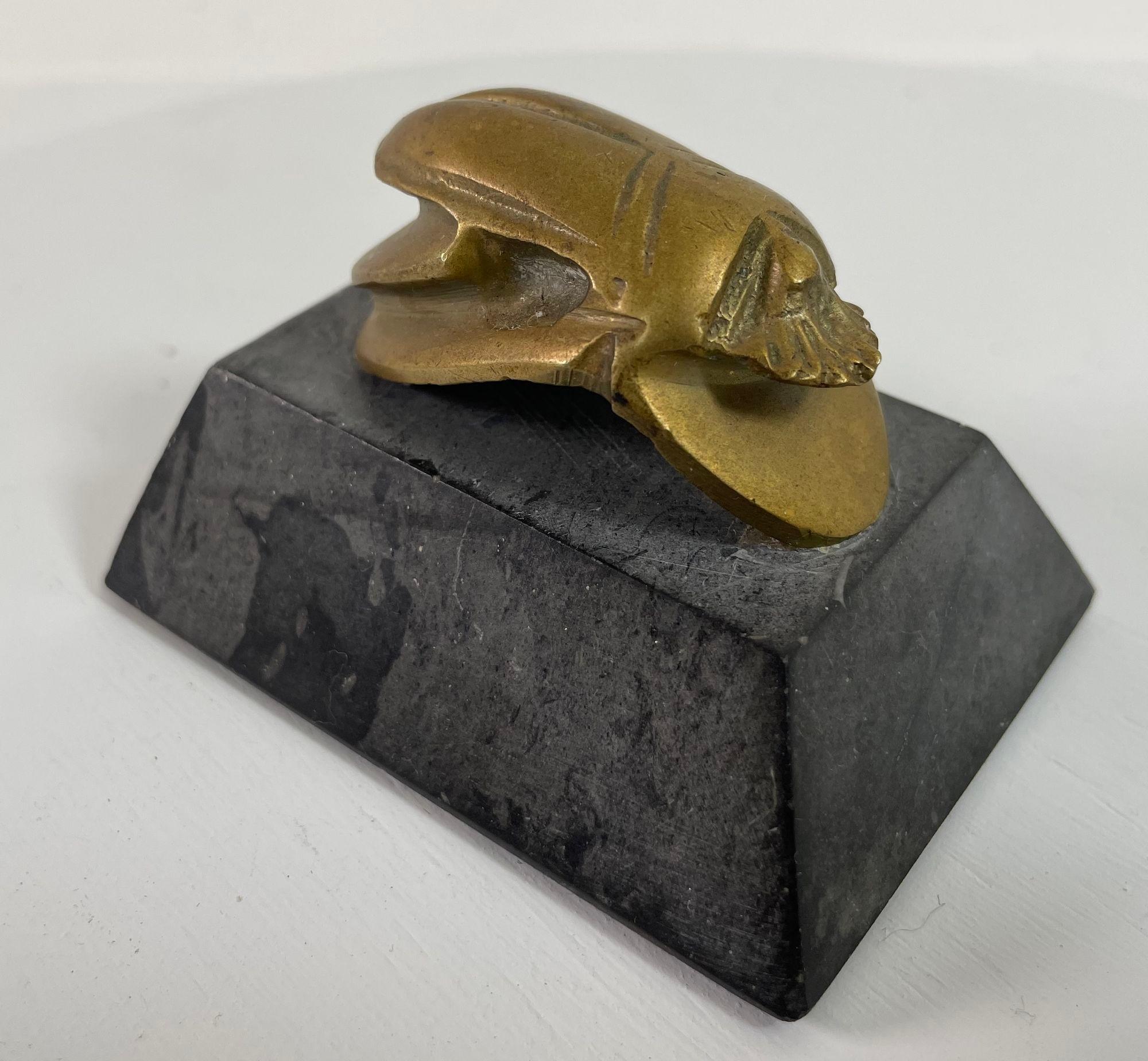 Egyptian Scarab Brass Beetle Figurine on Black Stone Stand For Sale 13
