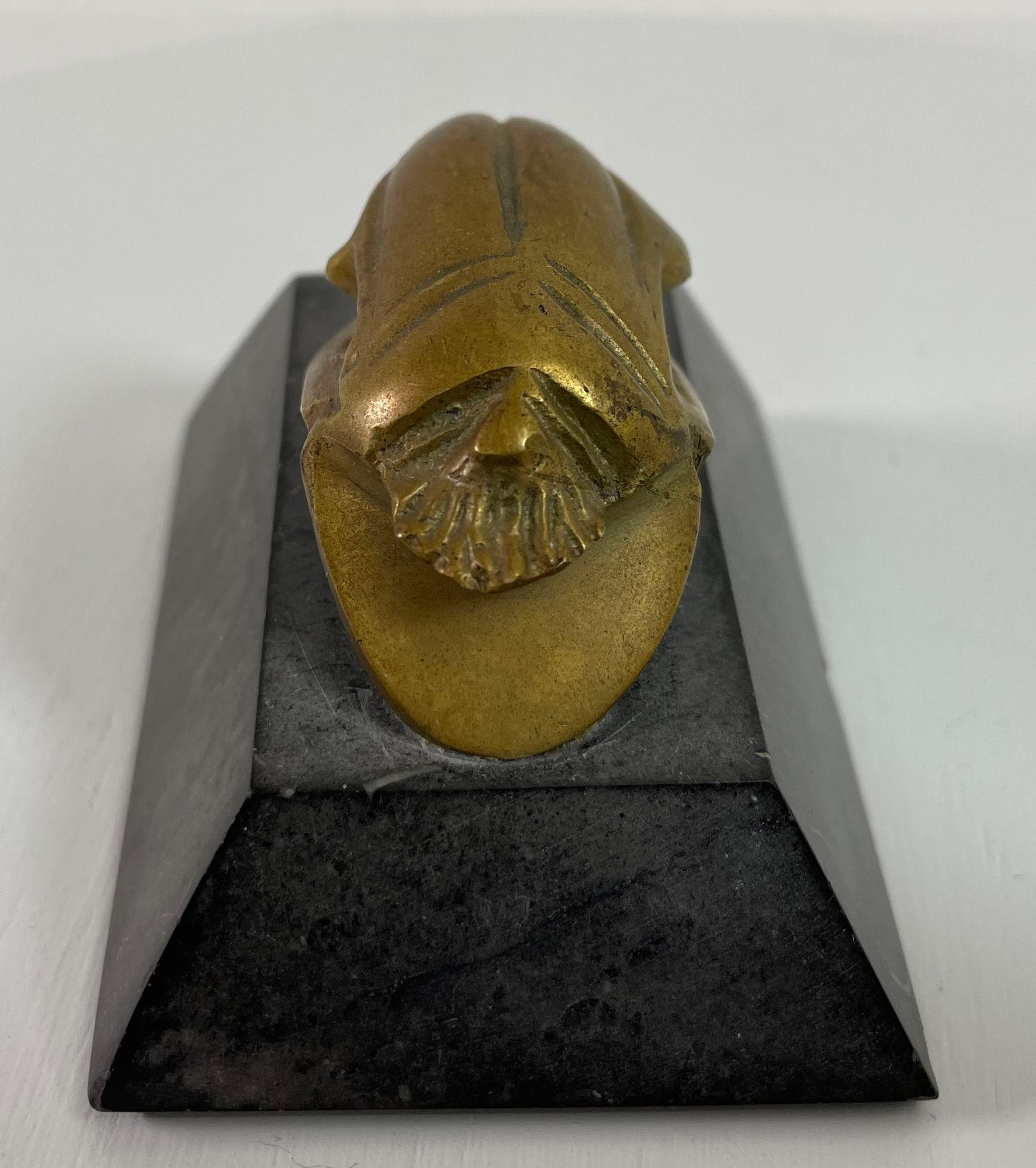 20th Century Egyptian Scarab Brass Beetle Figurine on Black Stone Stand For Sale