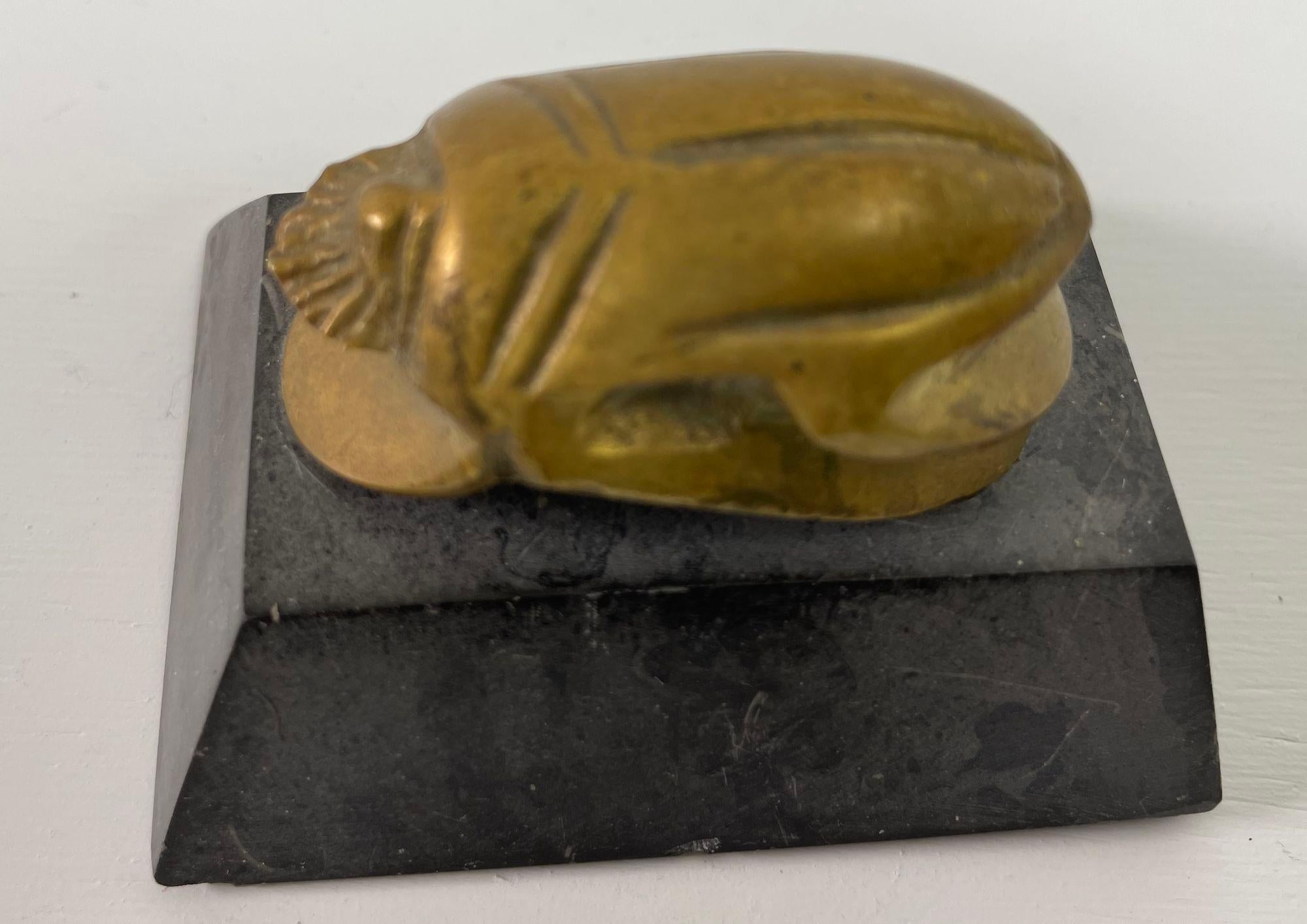 Egyptian Scarab Brass Beetle Figurine on Black Stone Stand For Sale 3