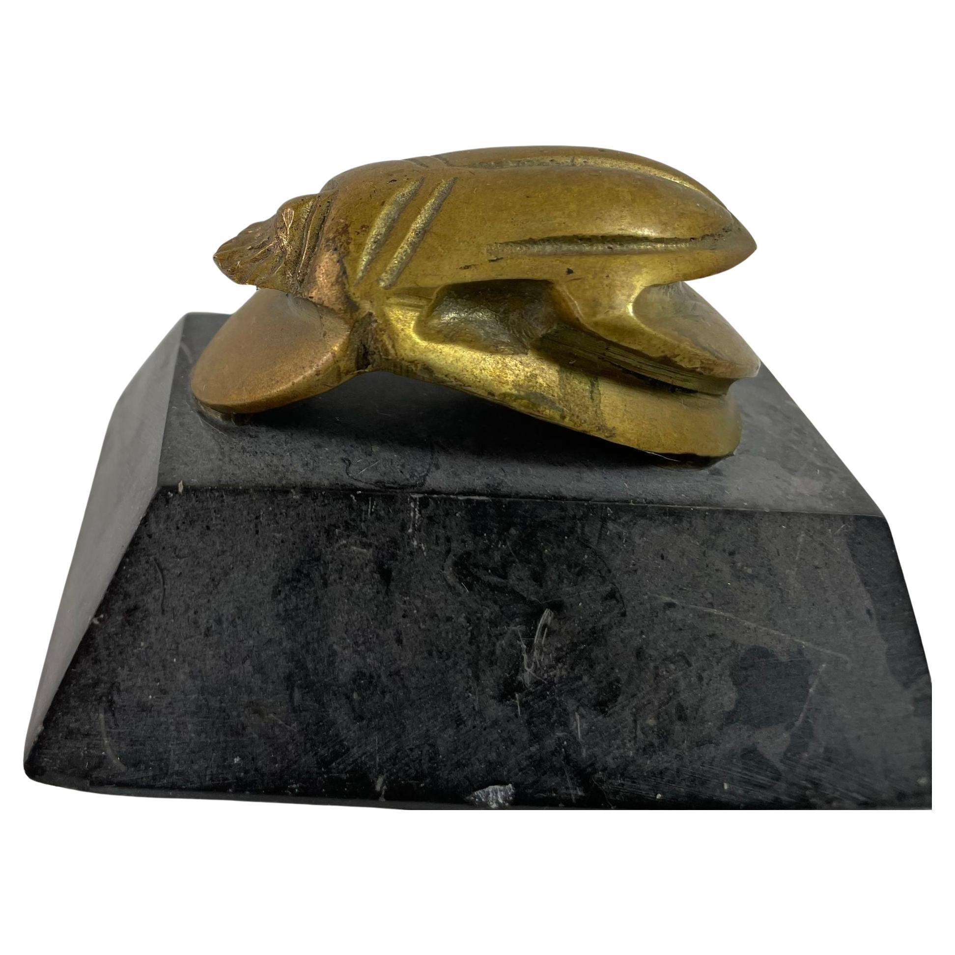 Egyptian Scarab Brass Beetle Figurine on Black Stone Stand For Sale