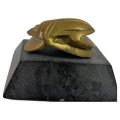 Egyptian Scarab Brass Beetle Figurine on Black Stone Stand