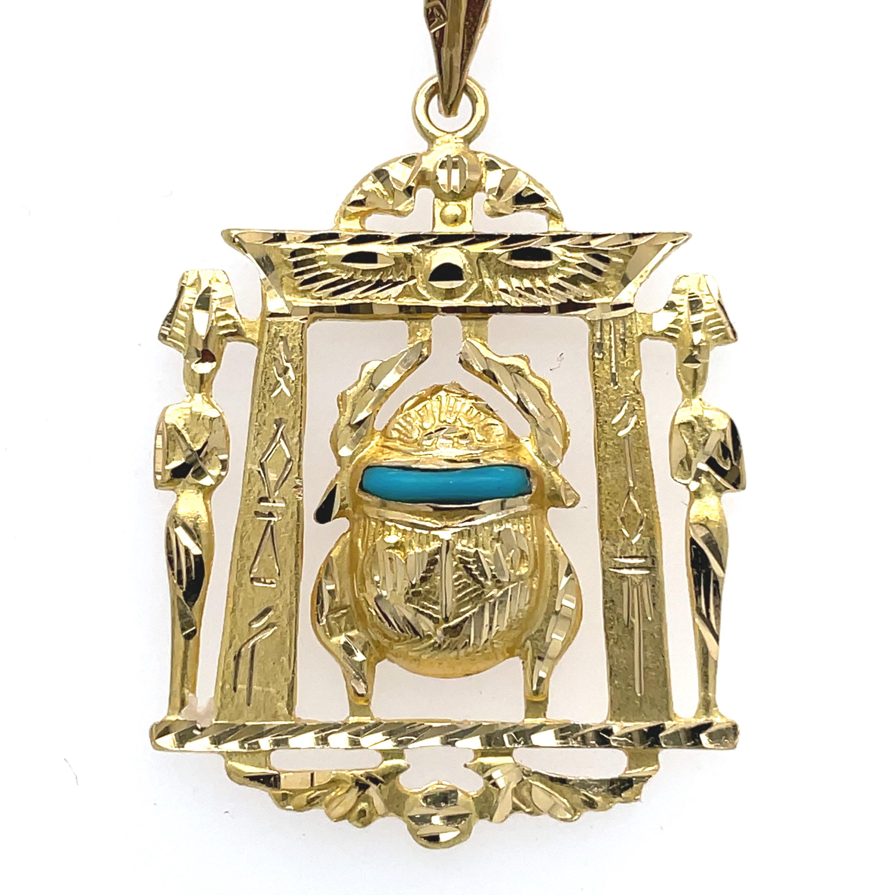 Egyptian Revival Egyptian Scarab Necklace, 18K Gold, Turquoise gemstone, Vintage jewelry For Sale