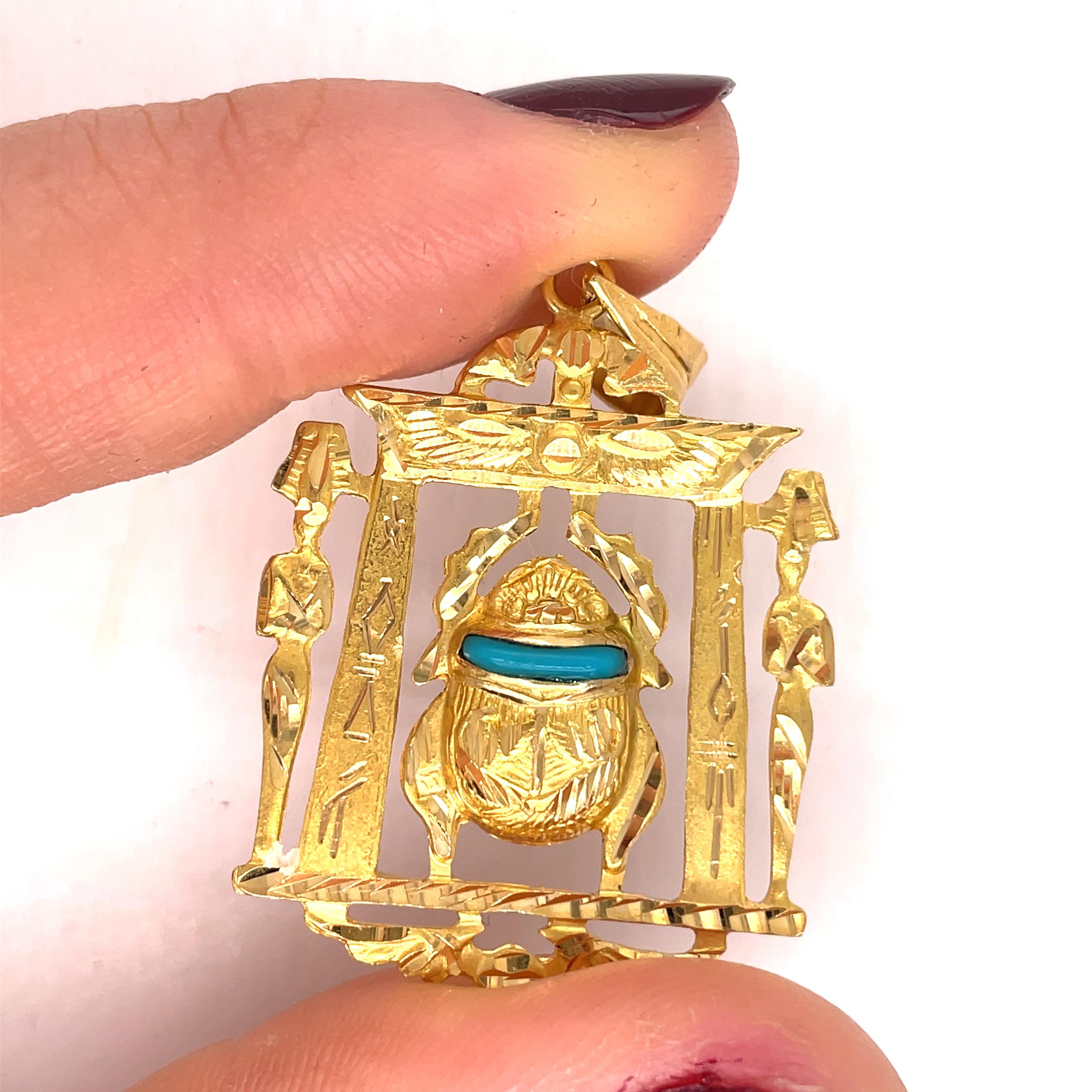 Egyptian Scarab Necklace, 18K Gold, Turquoise gemstone, Vintage jewelry For Sale 1