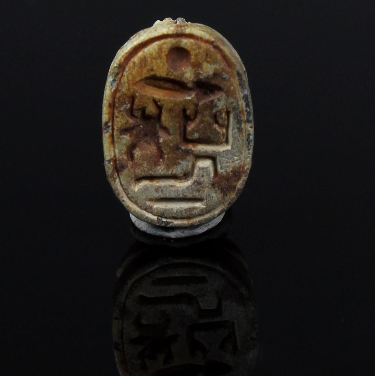 ITEM: Scarab with prenomen for Amenhotep II
MATERIAL: Steatite
CULTURE: Egyptian
PERIOD: New Kingdom, XVIIIth Dynasty, 1143 – 1417 B.C
DIMENSIONS: 15 mm x 11 mm
CONDITION: Good condition
PROVENANCE: Ex American egyptologist collection, active in the