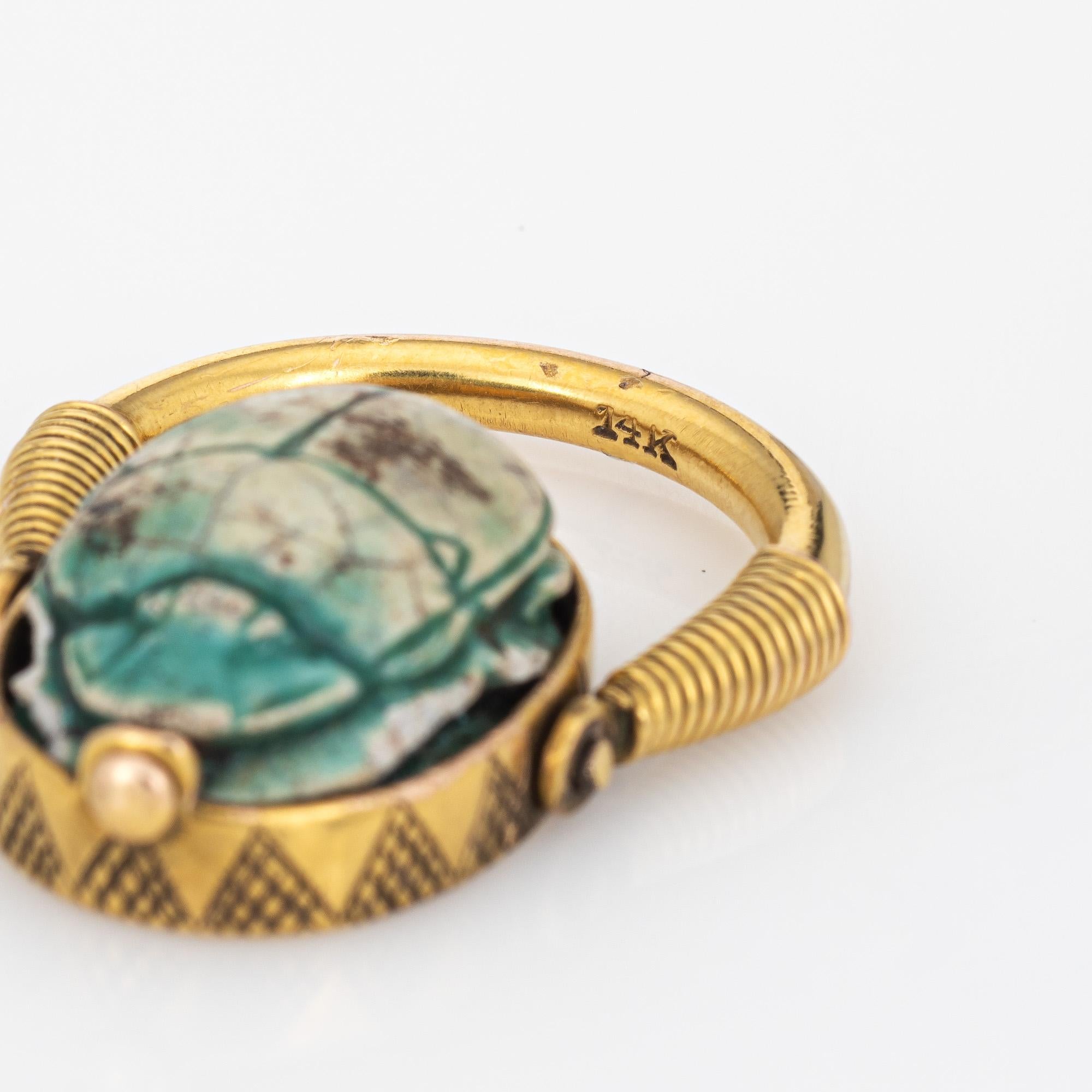Egyptian Scarb Beetle Flip Ring Vintage 14k Yellow Gold Faience Swivel In Good Condition In Torrance, CA