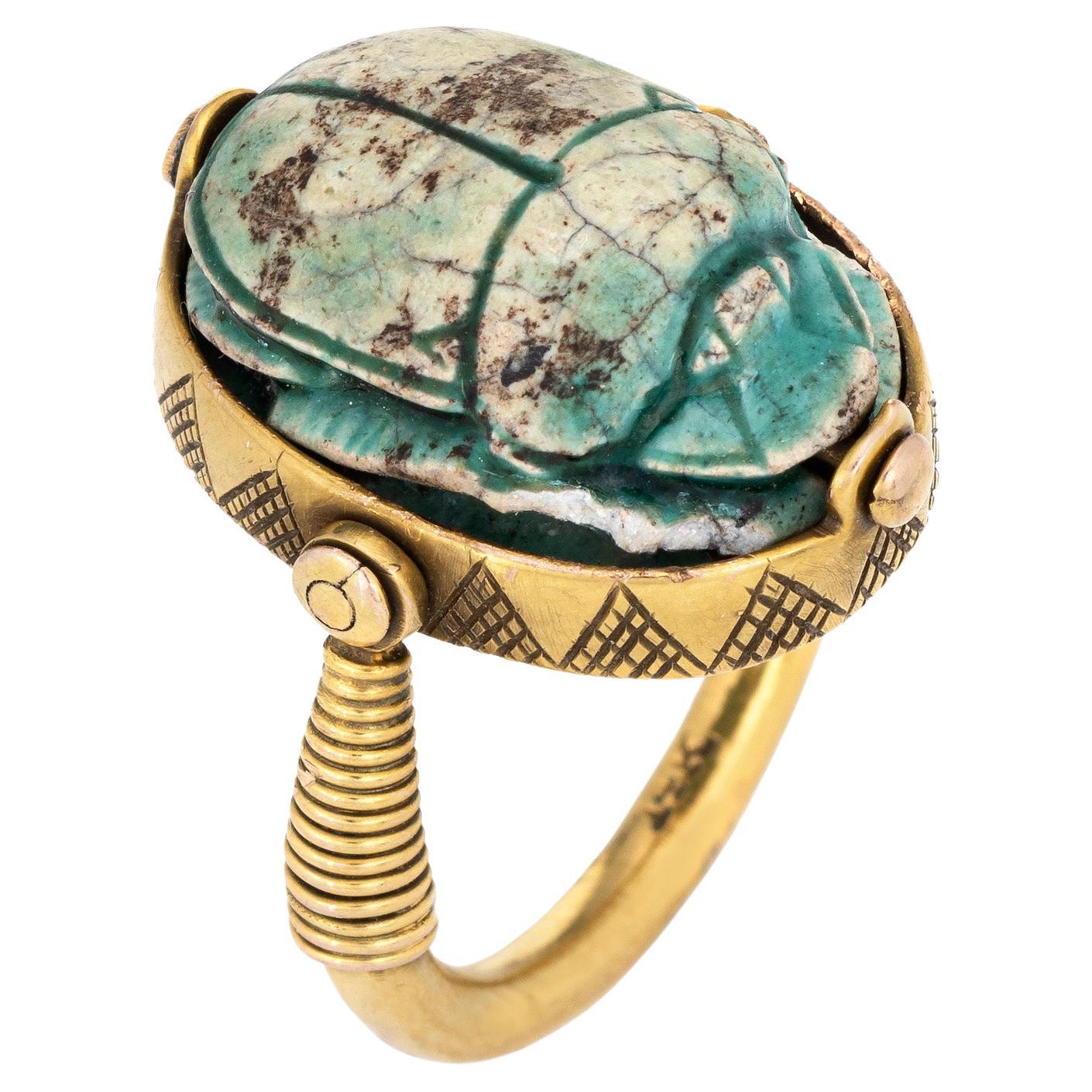 Egyptian Scarb Beetle Flip Ring Vintage 14k Yellow Gold Faience Swivel