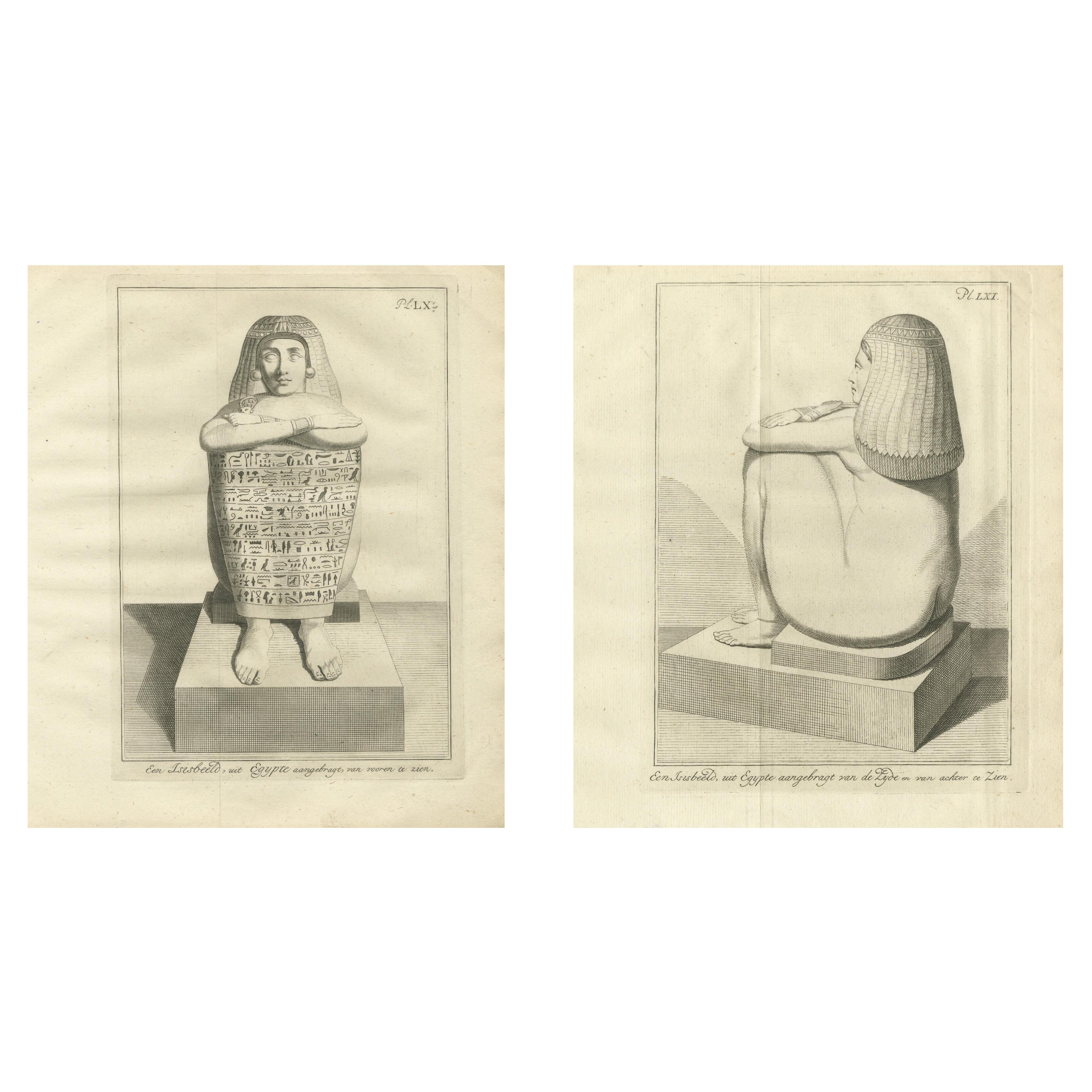 Ägyptische sitzende Schreiberstatue mit Hieroglyphen - Front- und Profilansicht, um 1776