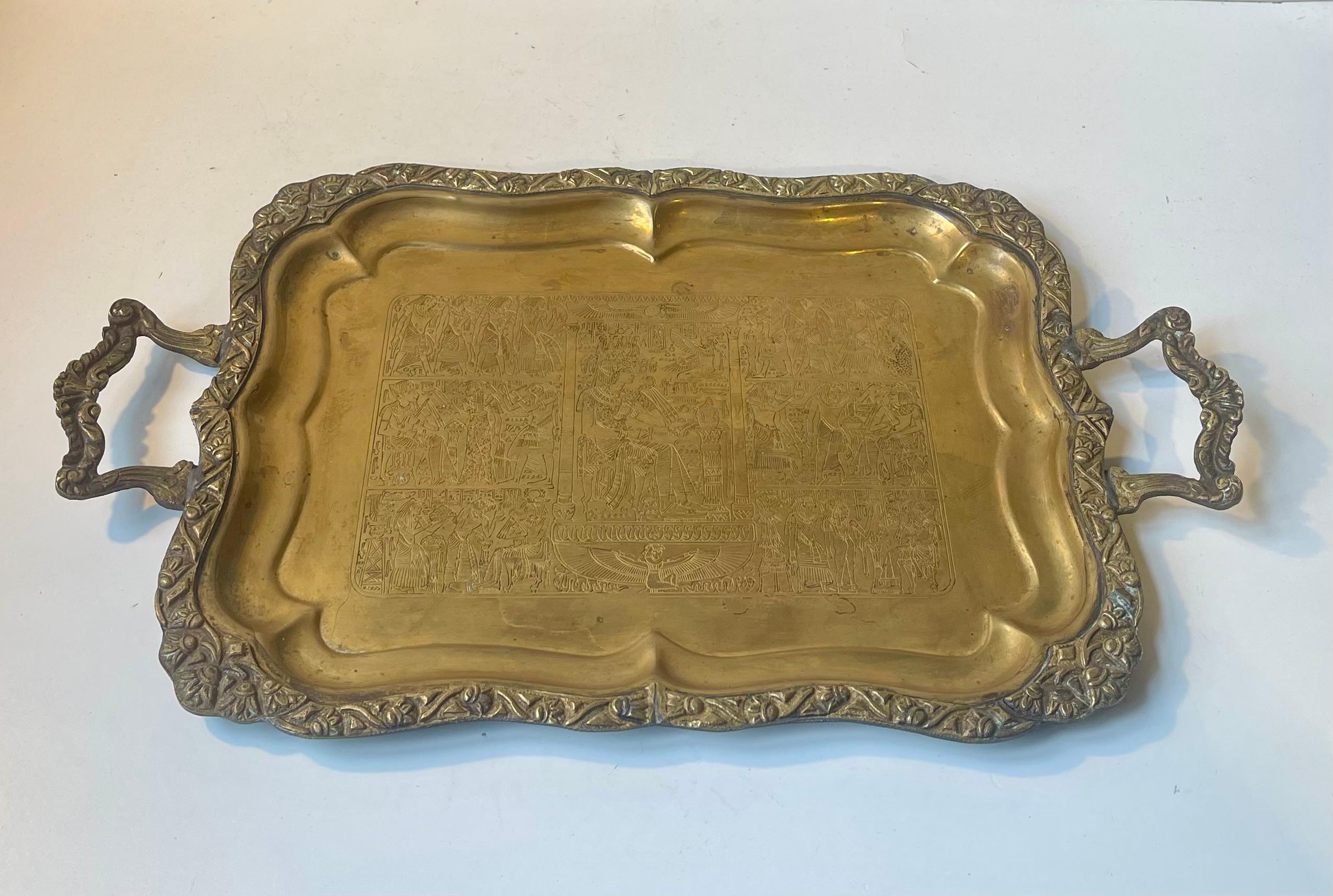 Egyptian Revival Egyptian Serving Tray in Hand Engraved Brass, 1950s For Sale