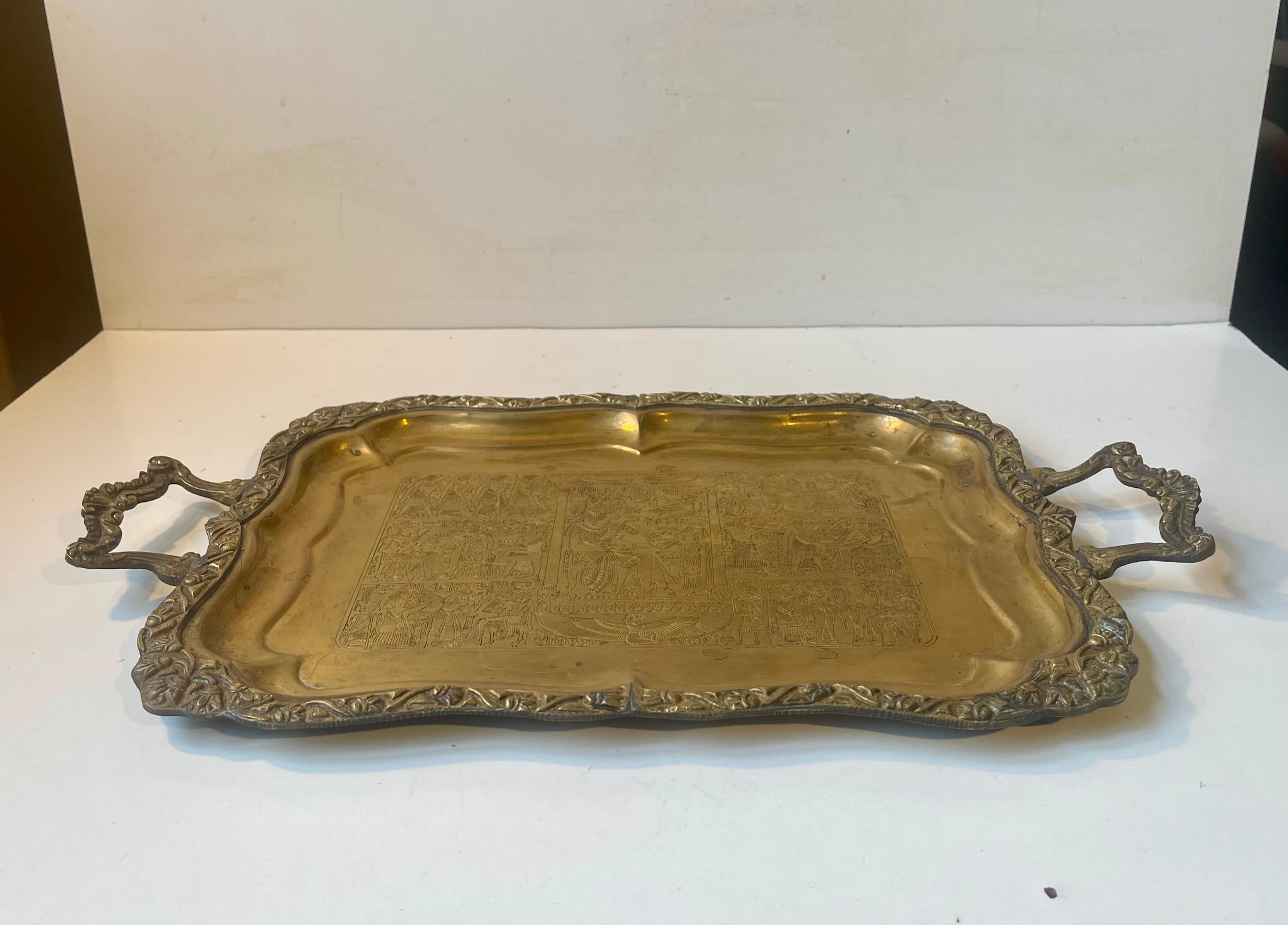 Egyptian Serving Tray in Hand Engraved Brass, 1950s For Sale 1
