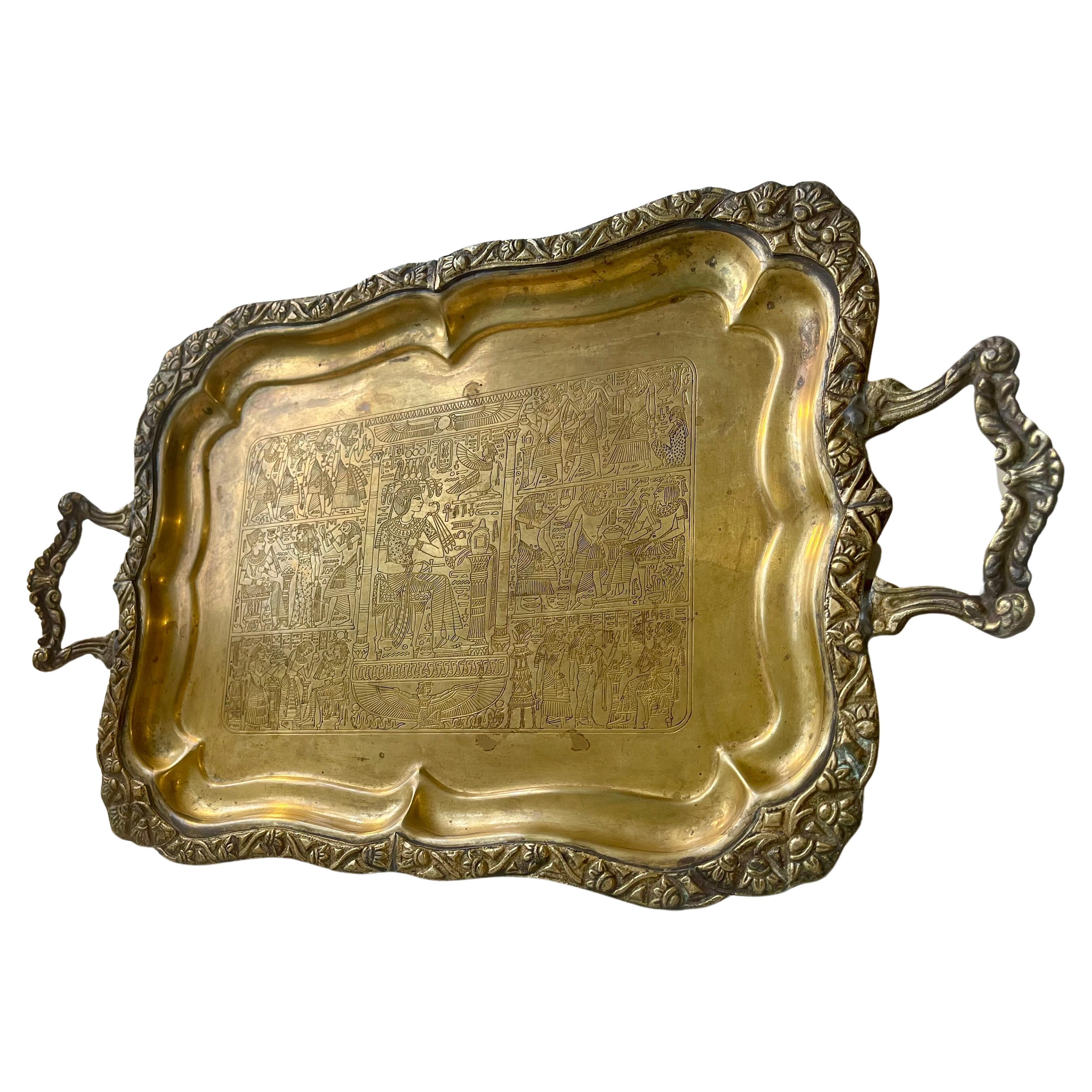 Egyptian Serving Tray in Hand Engraved Brass, 1950s For Sale