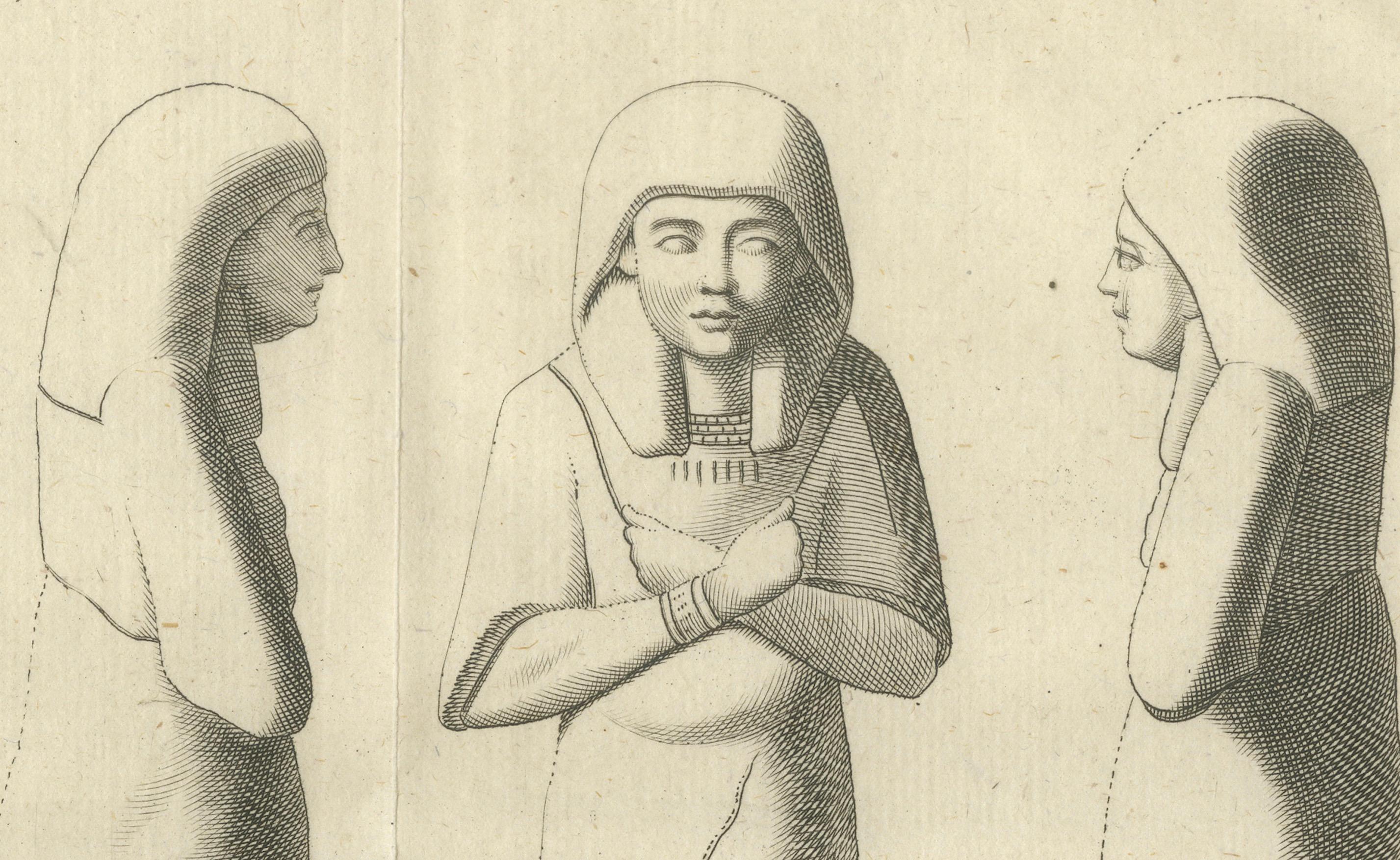 Ägyptische Shabti-Figur, dargestellt aus drei Winkeln, um 1776

Dieser antike Stich, Tafel LXXVI, zeigt eine detaillierte Studie einer altägyptischen shabti (oder ushabti) Figur aus drei Perspektiven: Vorderseite, linkes Profil und rechtes Profil.