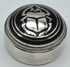 Egyptian Silver and Niello Enamel Scarab Motif Pill Box, Mid-20th Century