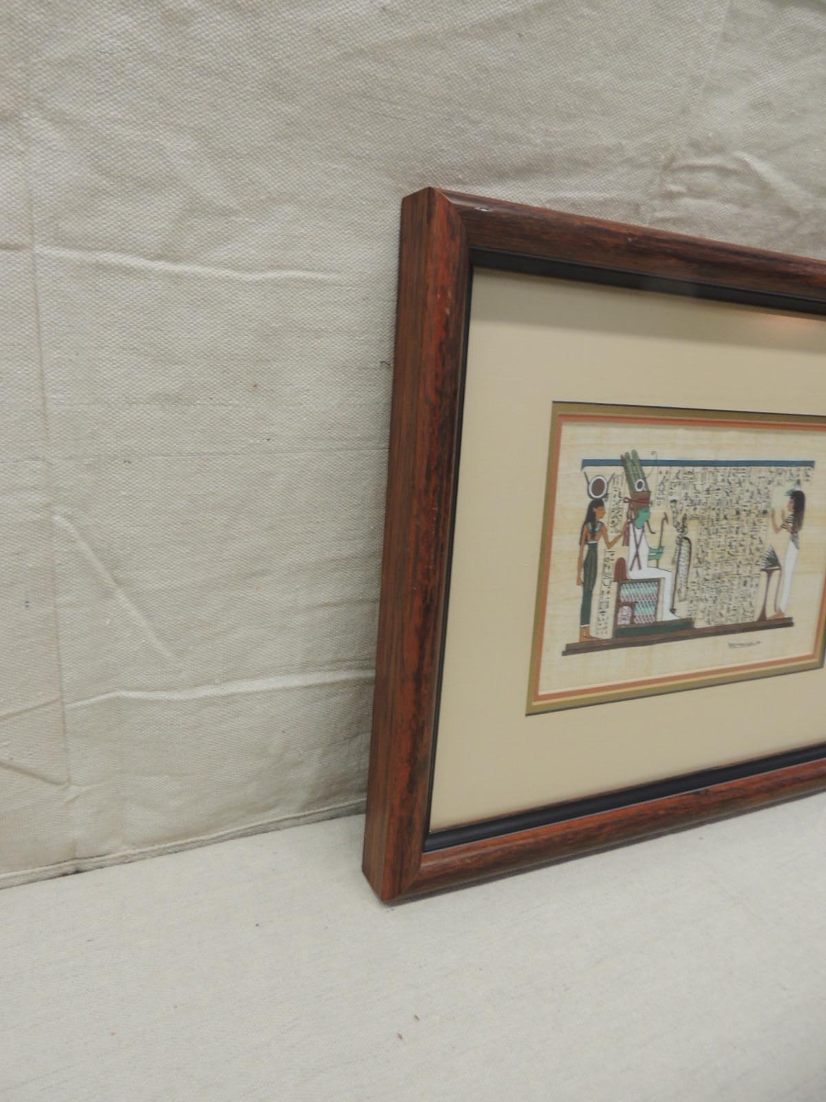 Egyptian souvenir framed art depicting temple scene
Egyptian painted and colored art depicting a Hieroglyphs’
In the style of original hemp and ink drawings.
Framed with wood frame and plexiglass.
Hanging hook in the back.
Size: 13.5 x 16 x 1.5.