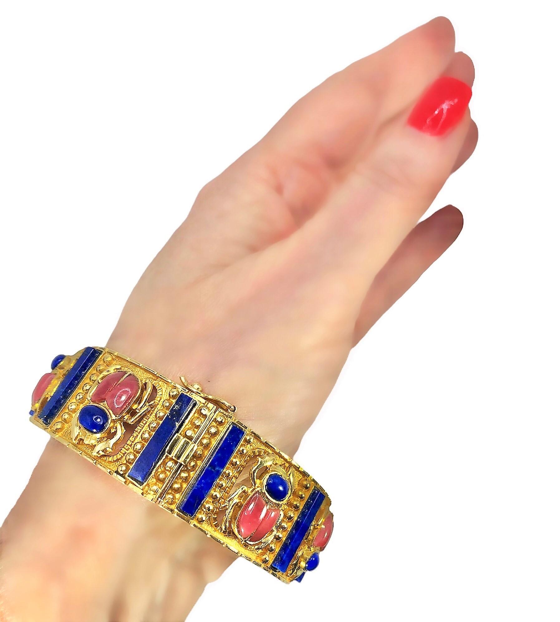 Egyptian Style 18k Yellow Gold, Lapis Lazuli & Rhodonite Scarab Beetle Bracelet For Sale 2