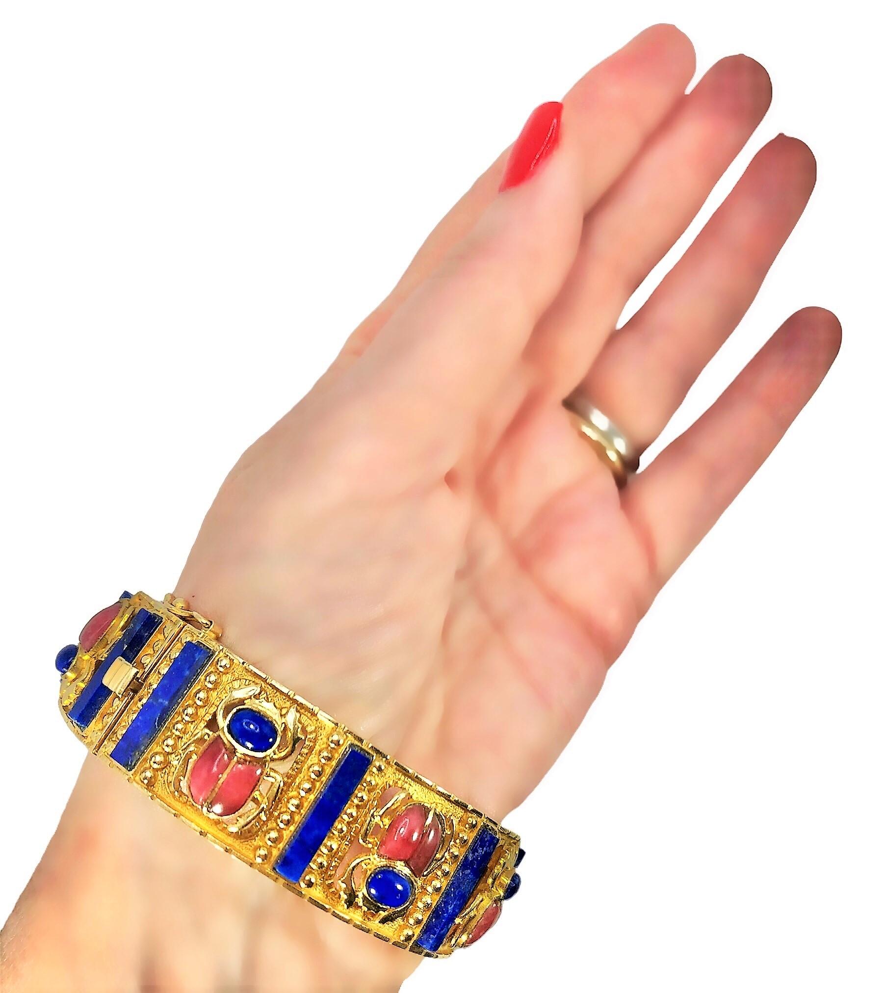 Egyptian Style 18k Yellow Gold, Lapis Lazuli & Rhodonite Scarab Beetle Bracelet For Sale 3