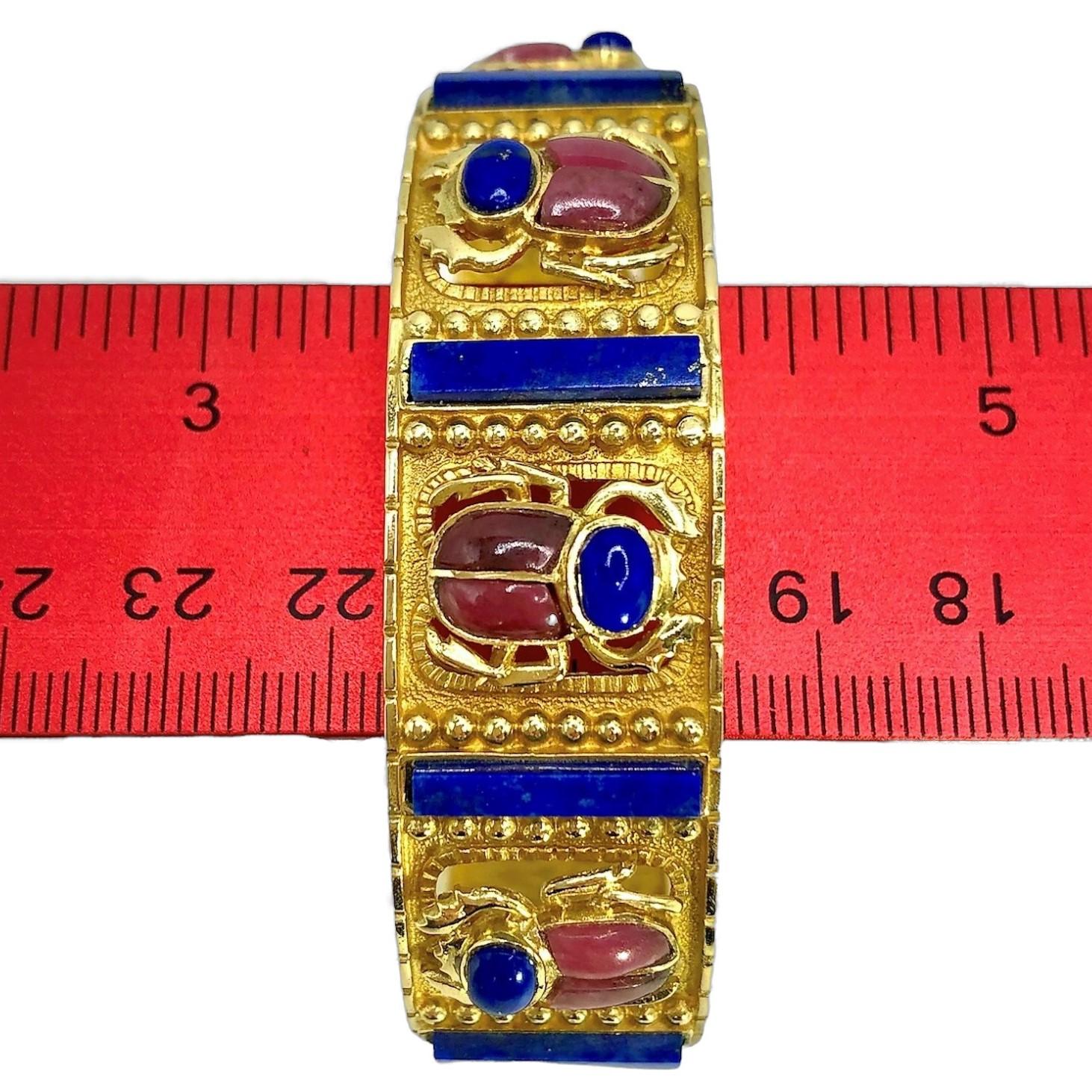 Cabochon Egyptian Style 18k Yellow Gold, Lapis Lazuli & Rhodonite Scarab Beetle Bracelet For Sale