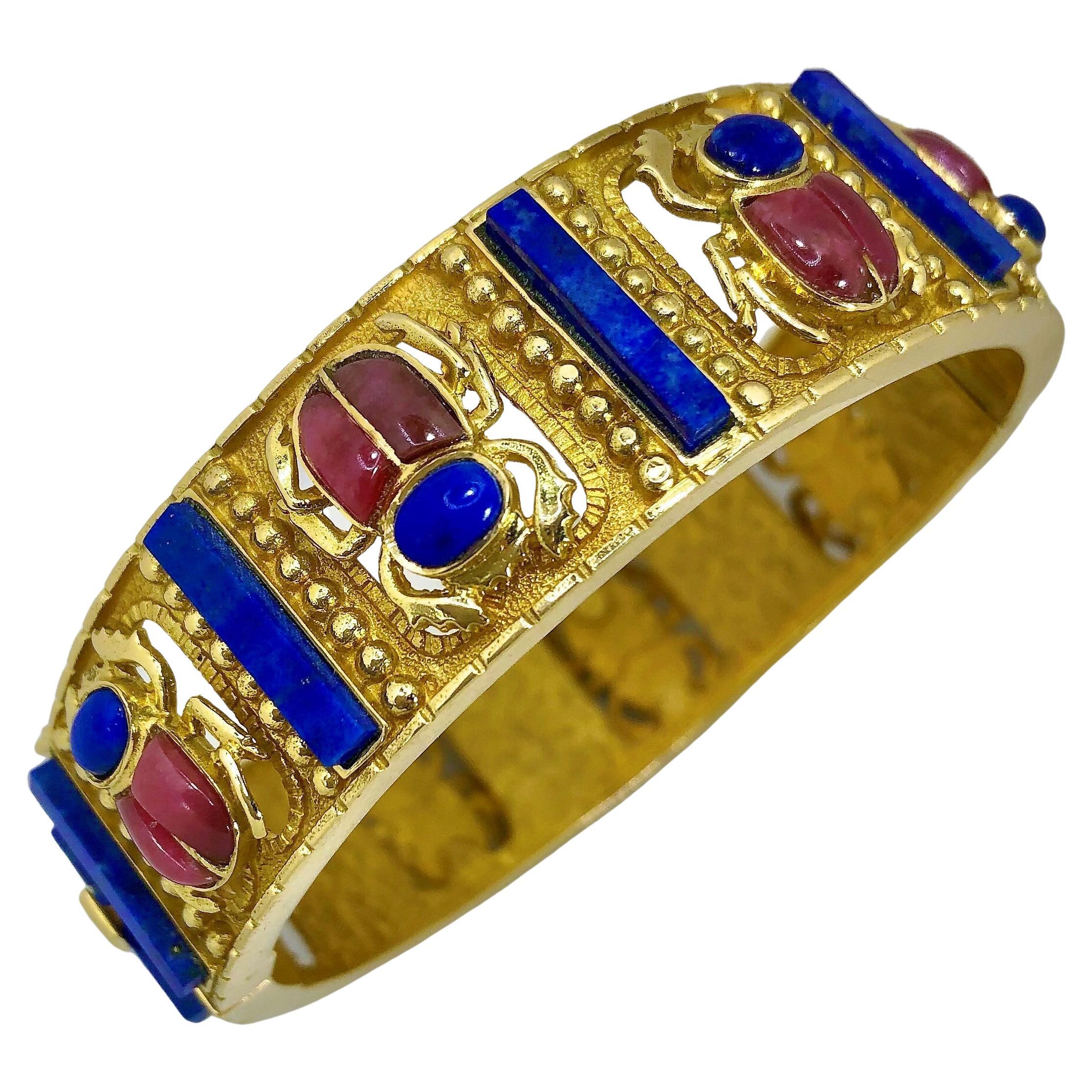 Egyptian Style 18k Yellow Gold, Lapis Lazuli & Rhodonite Scarab Beetle Bracelet For Sale