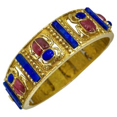 Egyptian Style 18k Yellow Gold, Lapis Lazuli & Rhodonite Scarab Beetle Bracelet