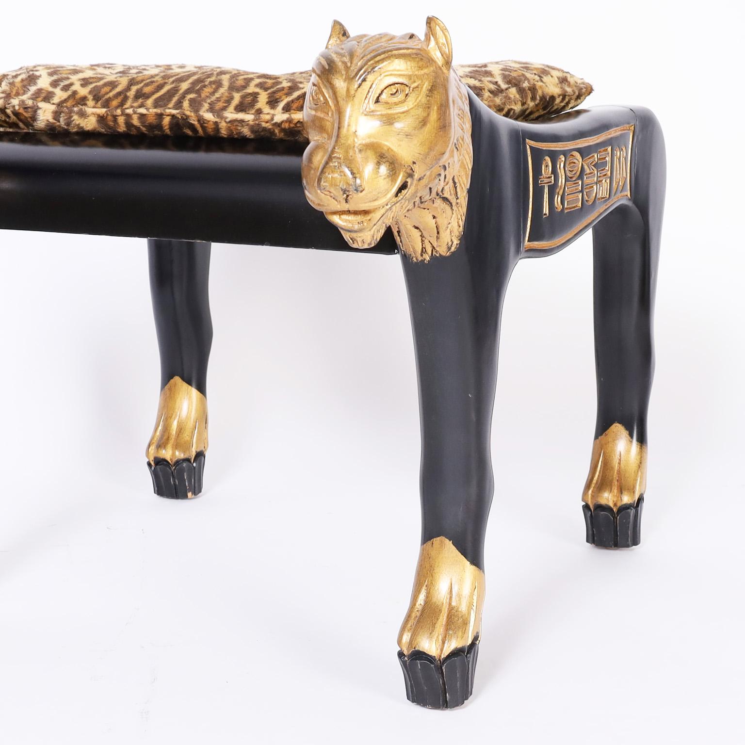 Hardwood Egyptian Style Bench or Seat with Cat Heads For Sale