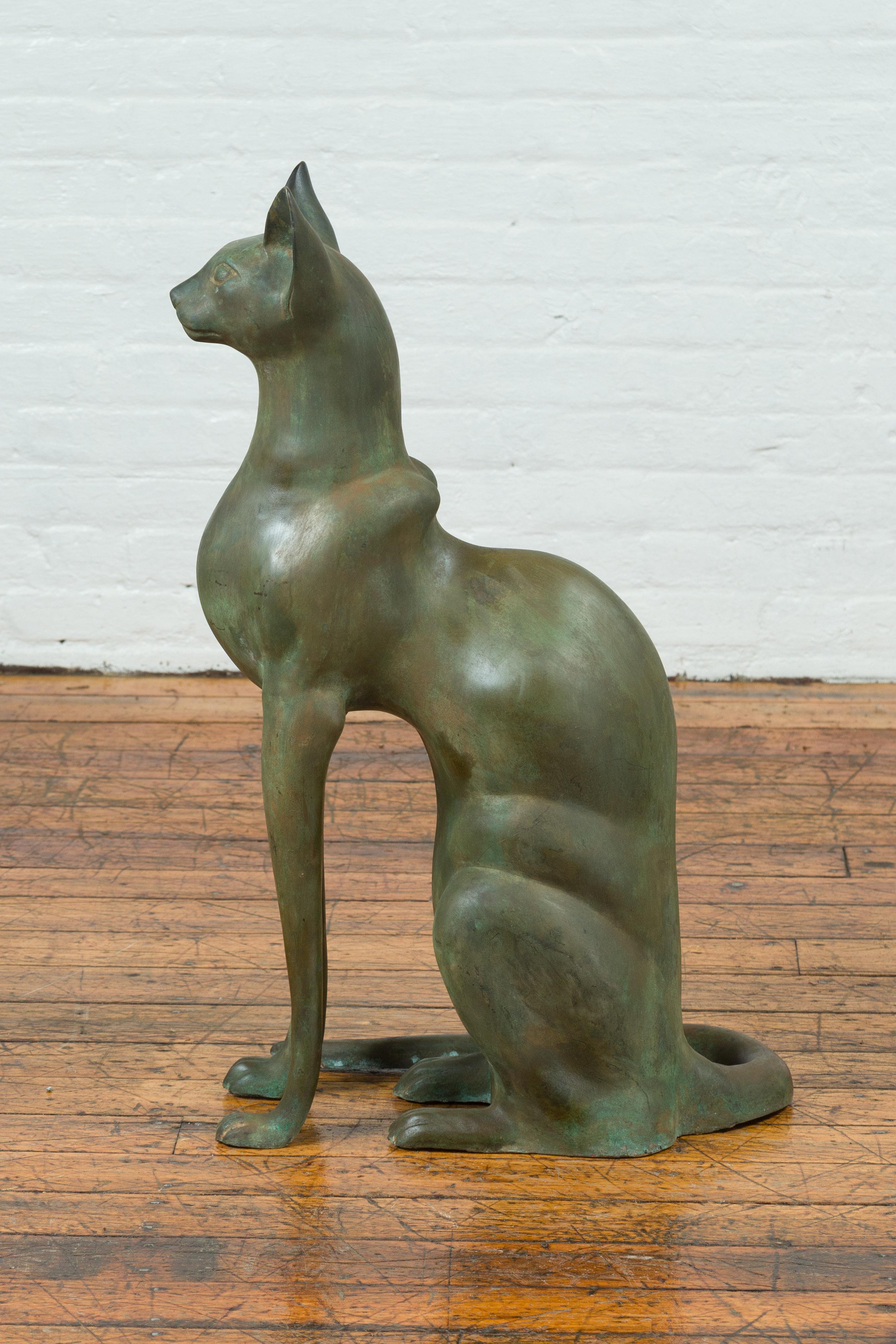 Cast Egyptian Style Bronze Late 20th Century Sculpture of a Sitting Cat