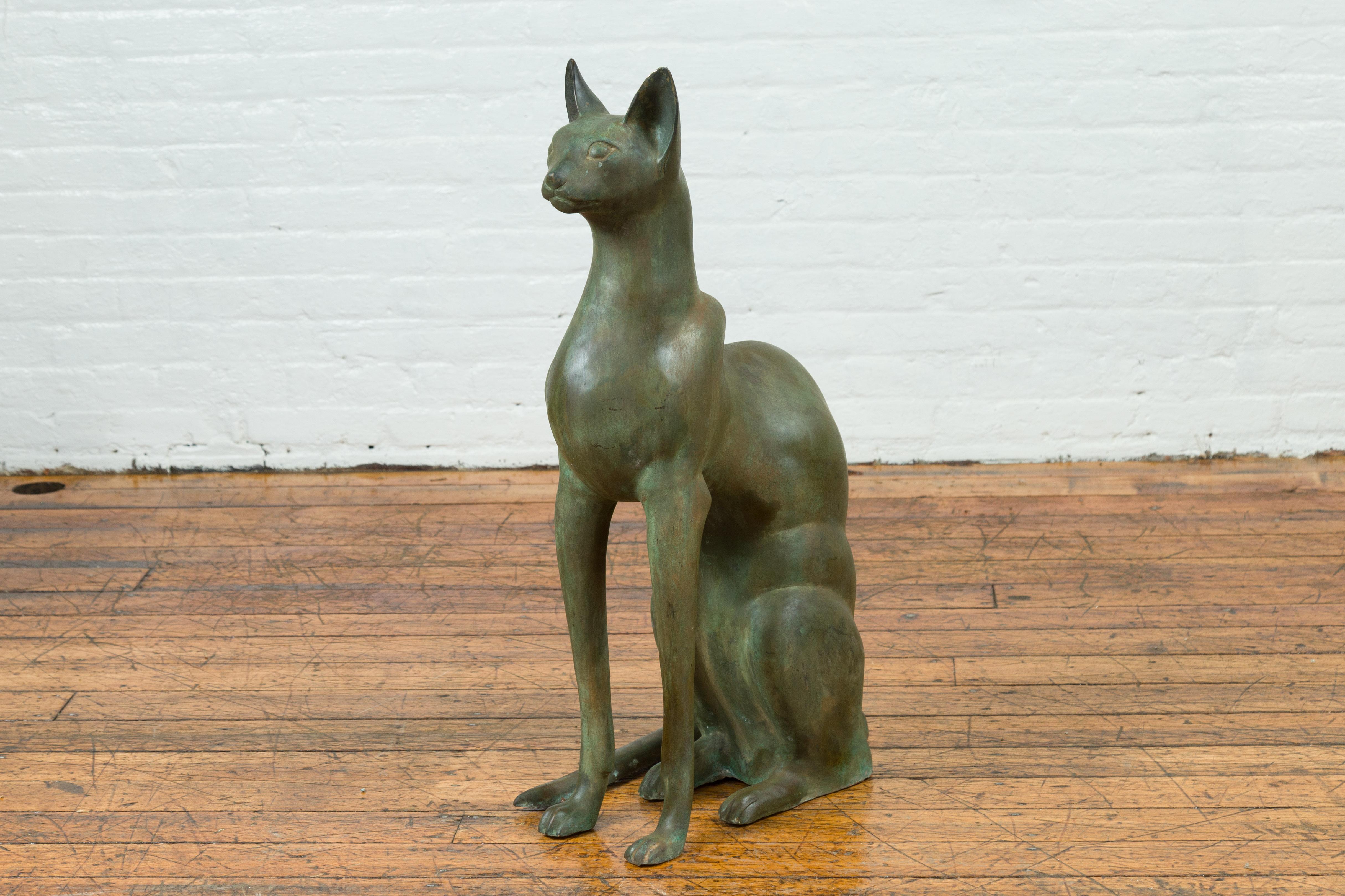 Egyptian Style Bronze Late 20th Century Sculpture of a Sitting Cat In Good Condition In Yonkers, NY