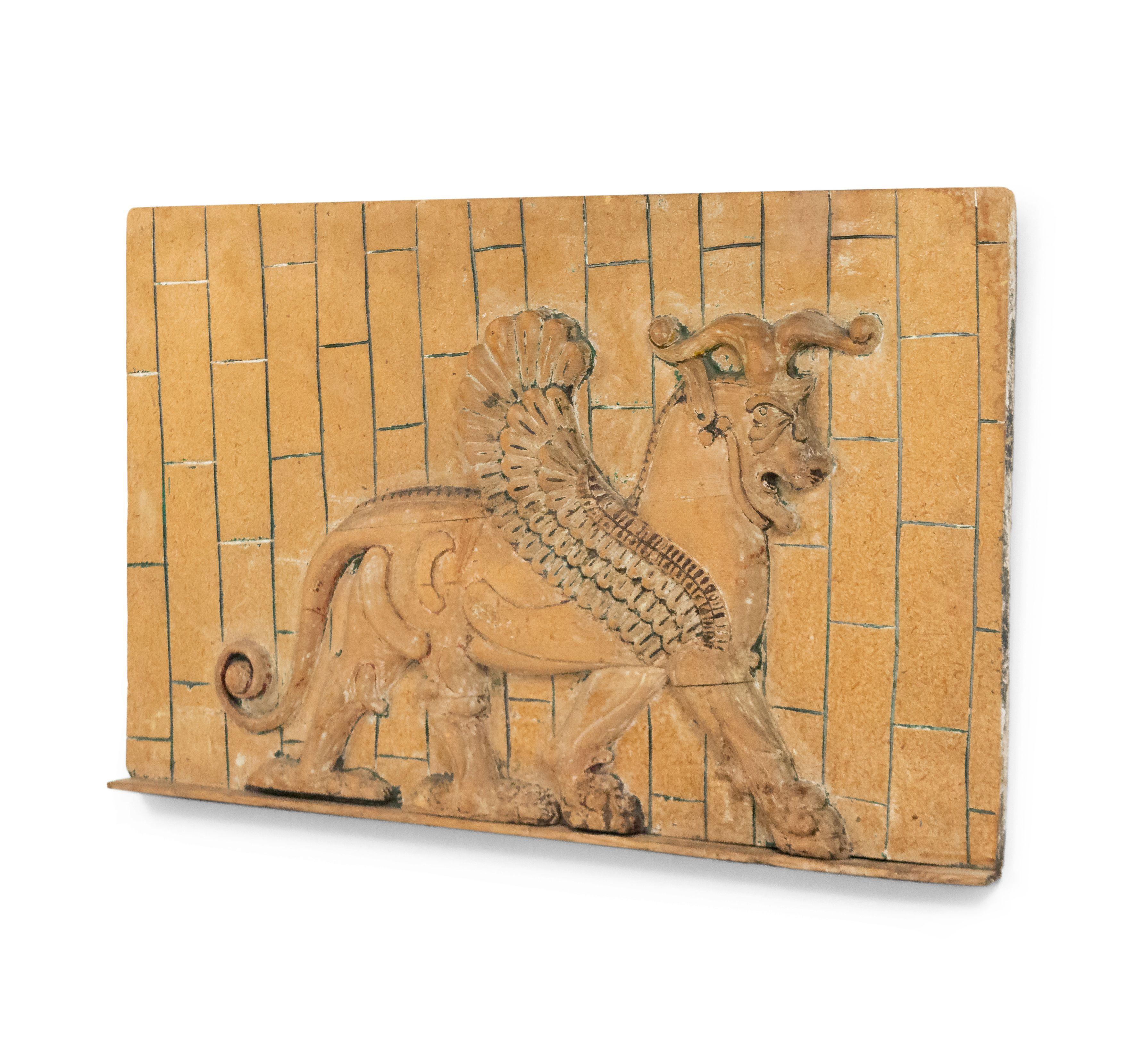 Egyptian Style Carved Wooden Wall Plaque of a Winged Bull For Sale 2
