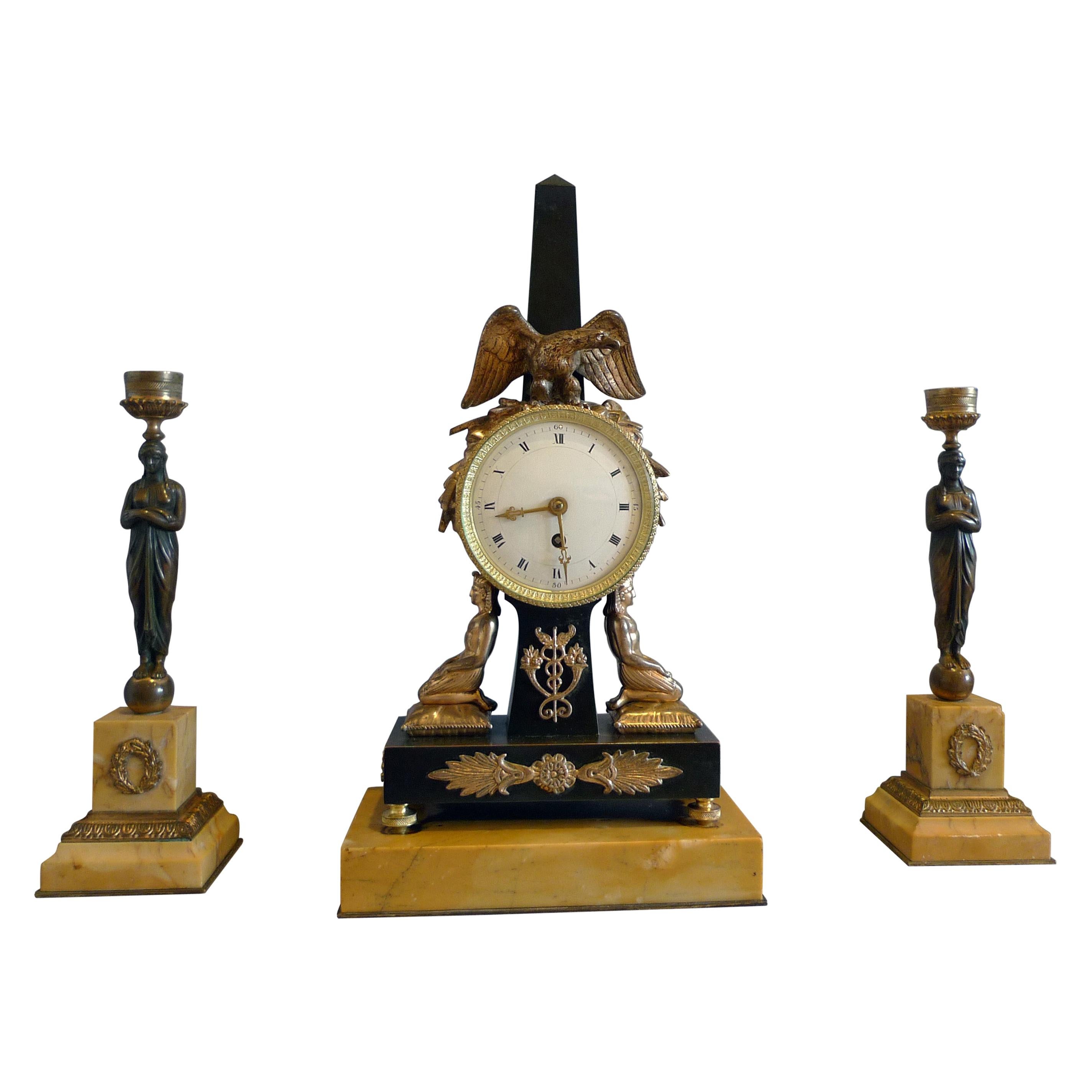 Egyptian Style Clock Set in Patinated Bronze and Sienna Marble For Sale