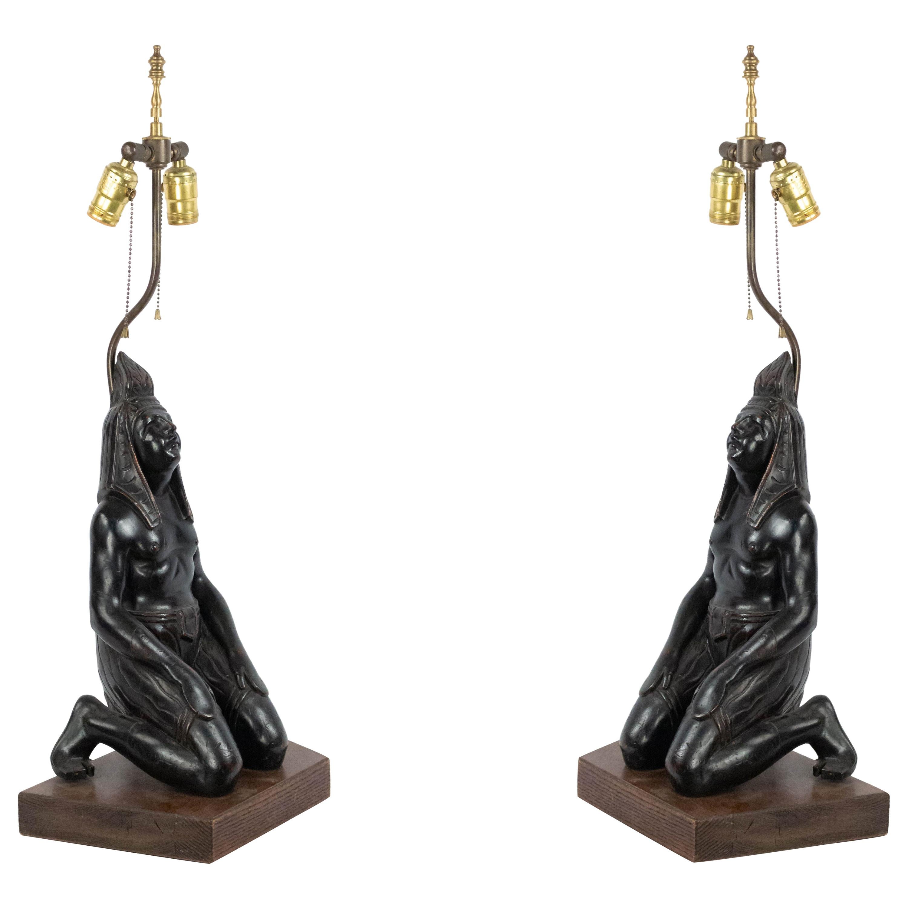 Egyptian Style Ebonized Figural Table Lamps