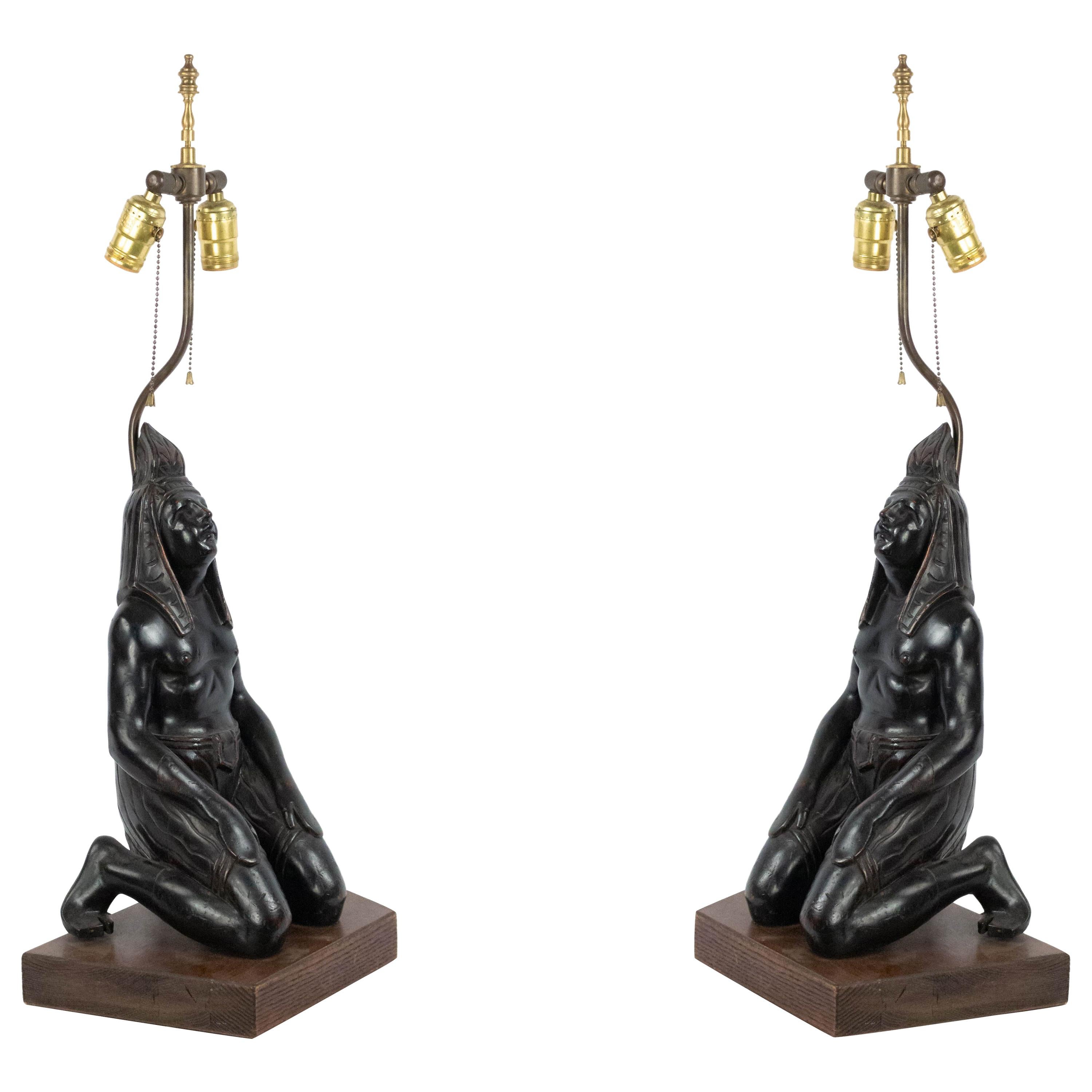 Egyptian Style Ebonized Figural Table Lamps