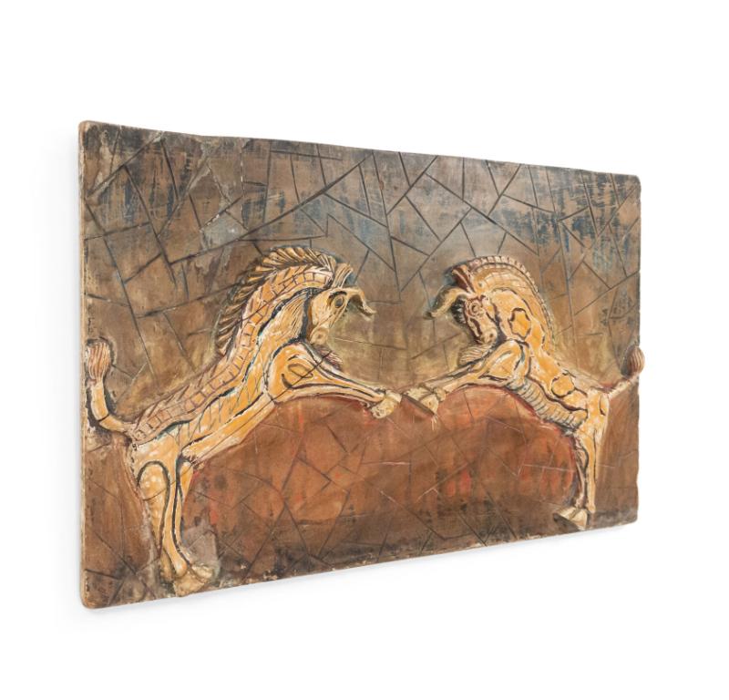 Egyptian style (20th Century) stripped and painted wall plaque with 2 rearing bulls.

Condition: Good; Wear consistent with age and use
