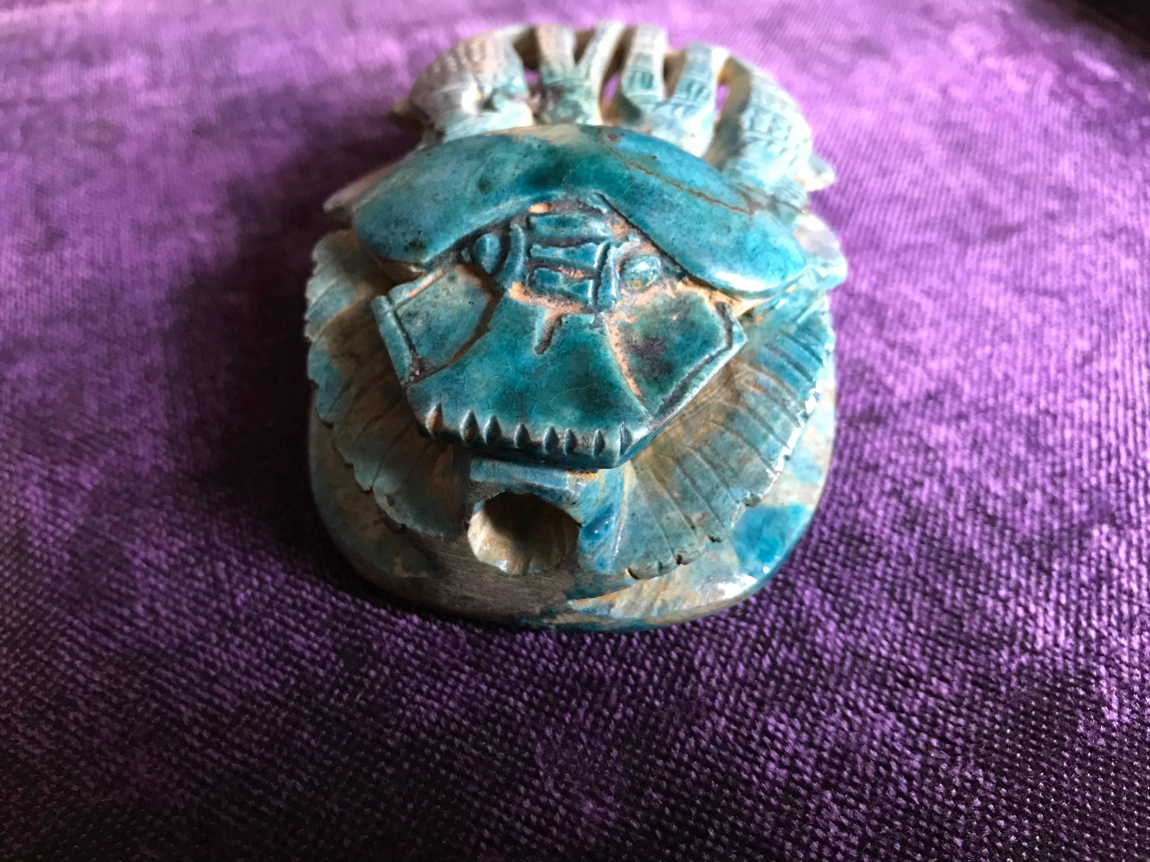 Egyptian Turquoise Faience Heart Scarab Amulet In Excellent Condition In Stamford, CT