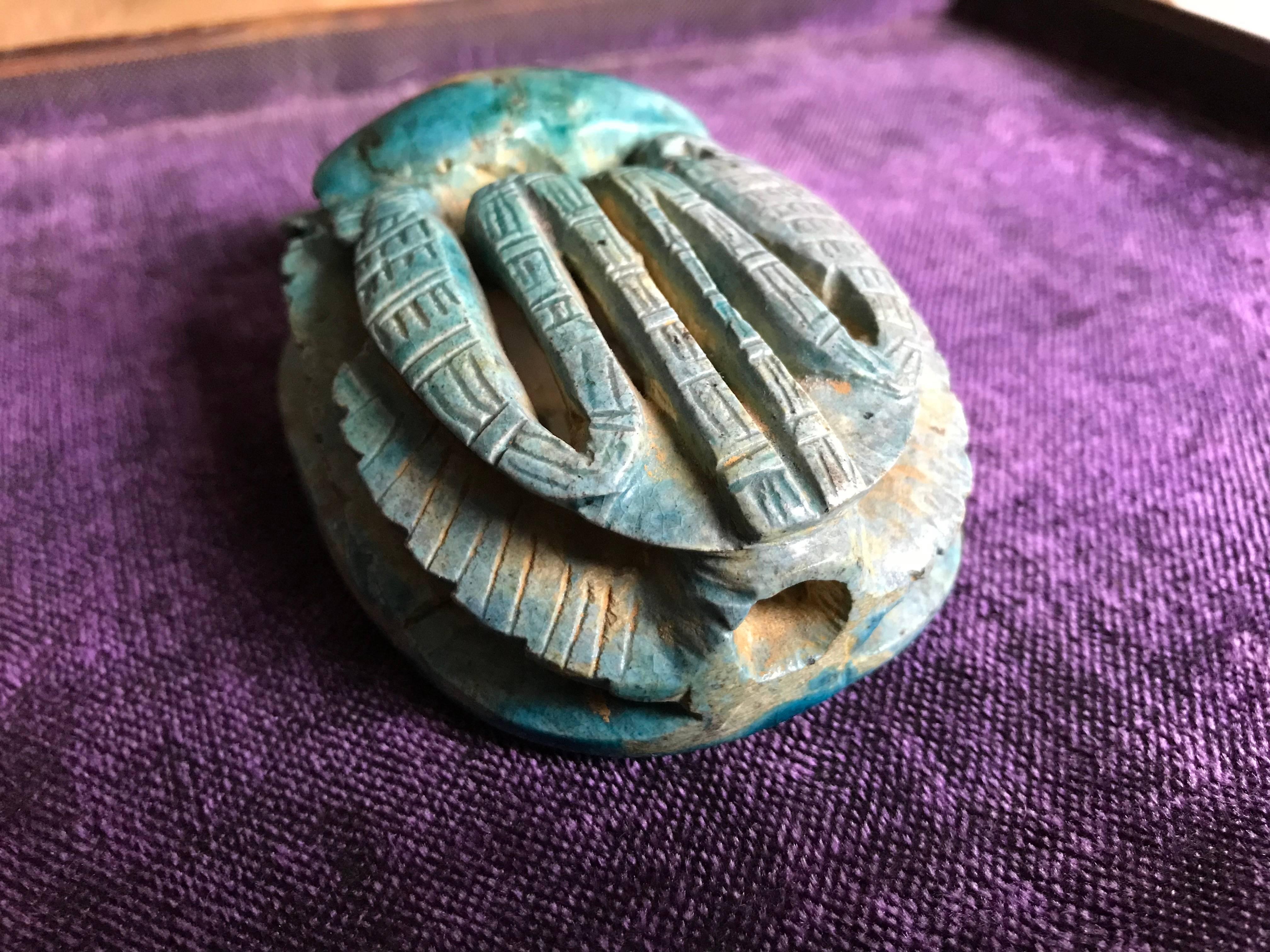 19th Century Egyptian Turquoise Faience Heart Scarab Amulet