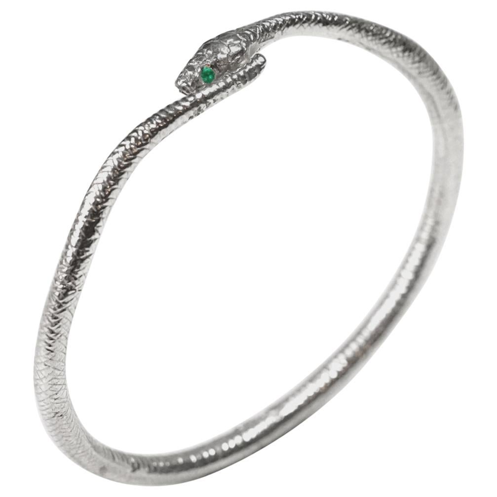 Egyptian Wadjet Snake Bracelet in Sterling Silver with Emerald Eyes For Sale