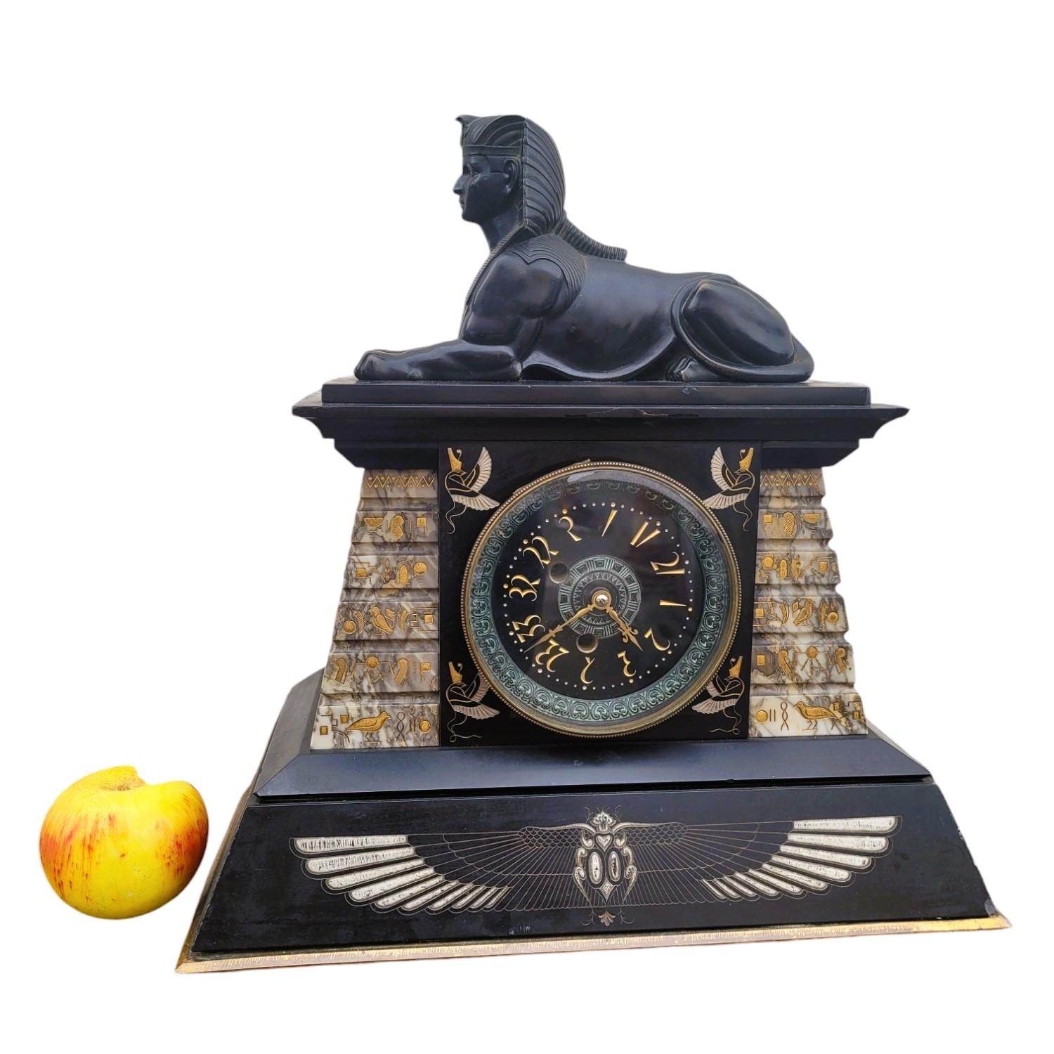 Egyptomania Marble Clock, 19th Century For Sale 15