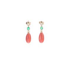 Intini Jewels 18 Karat Gold Pink Coral Diamonds Emeralds Dangle Tear Earrings