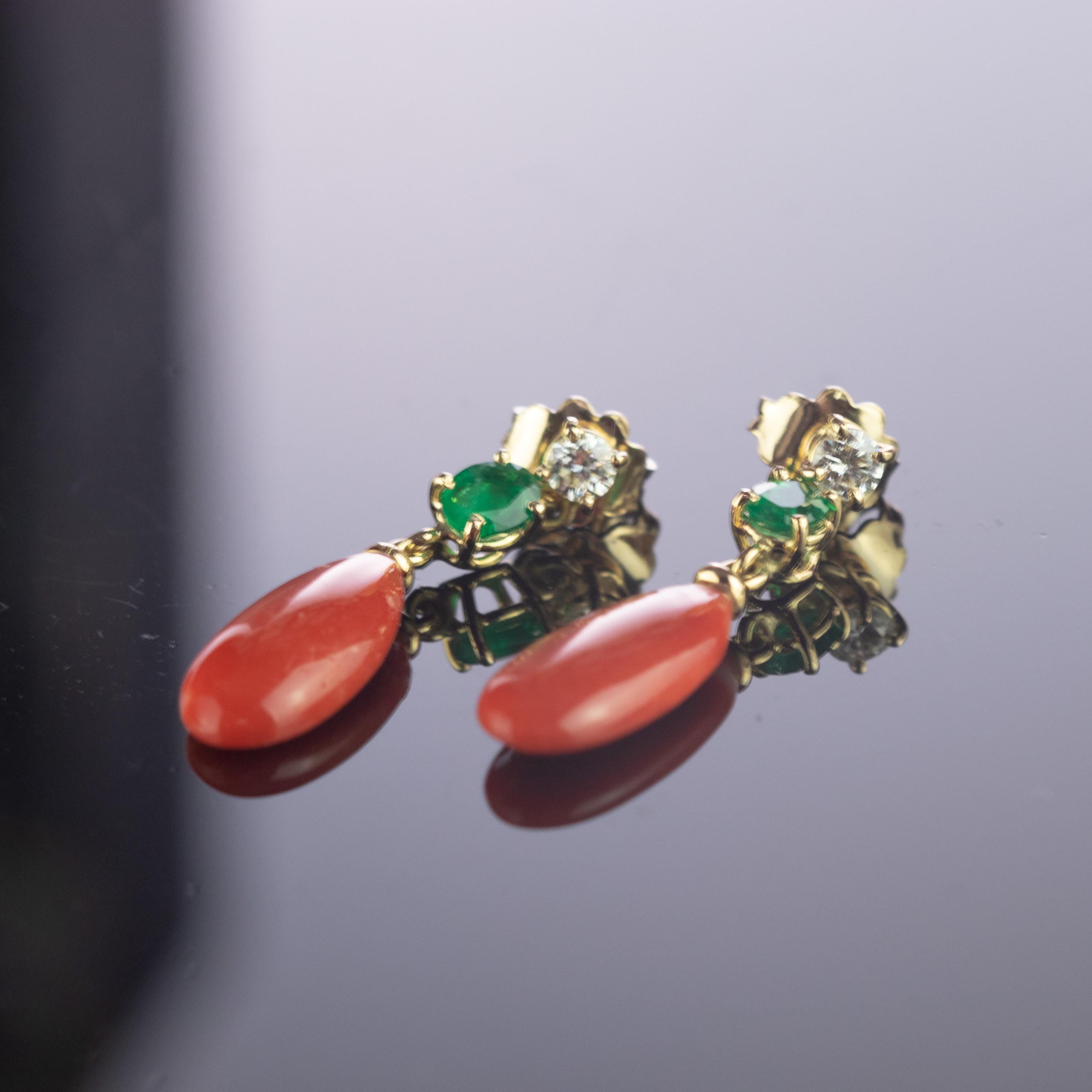 Artisan Intini Jewels 18 Karat Gold Pink Coral Diamonds Emeralds Dangle Tear Earrings For Sale