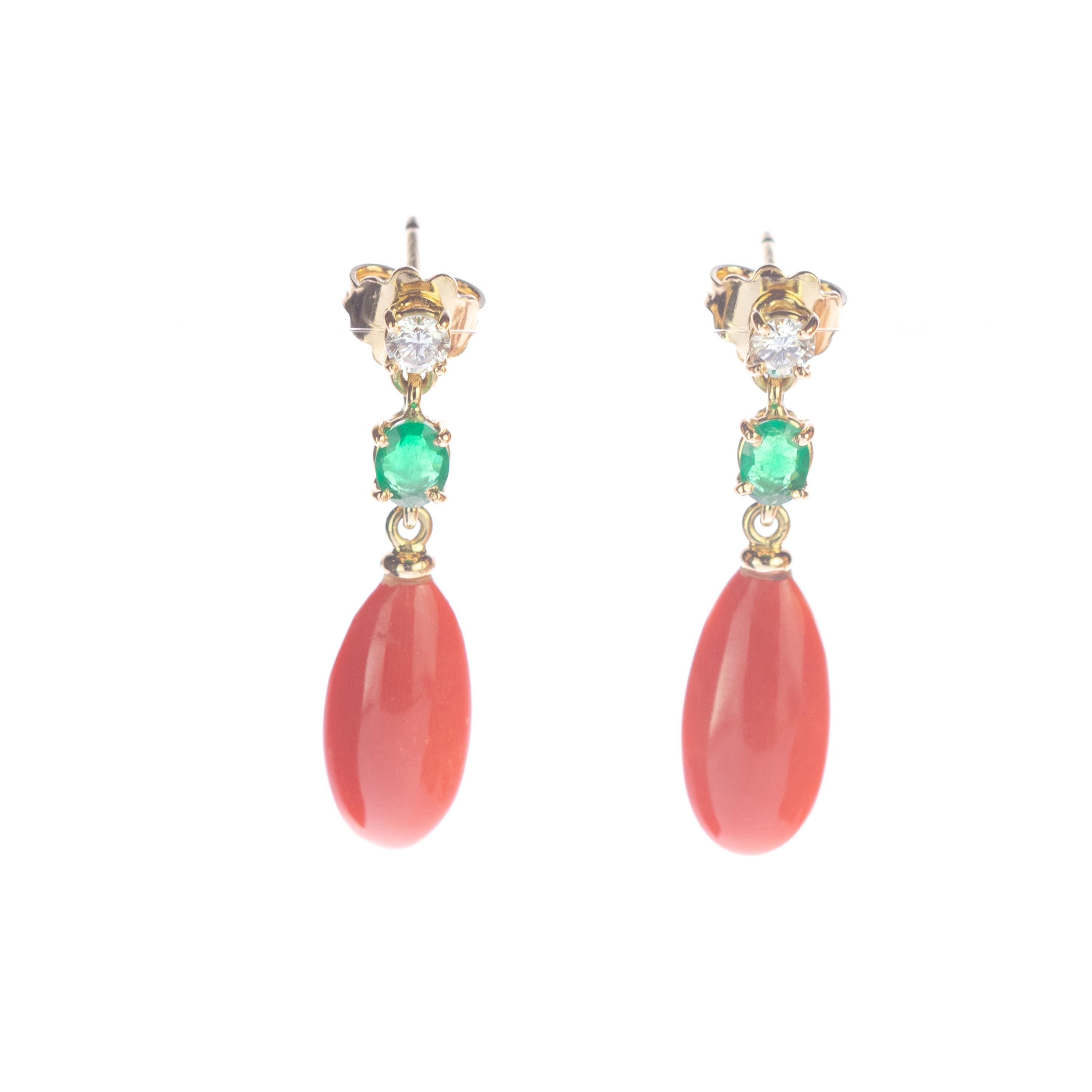 Brilliant Cut Intini Jewels 18 Karat Gold Pink Coral Diamonds Emeralds Dangle Tear Earrings For Sale