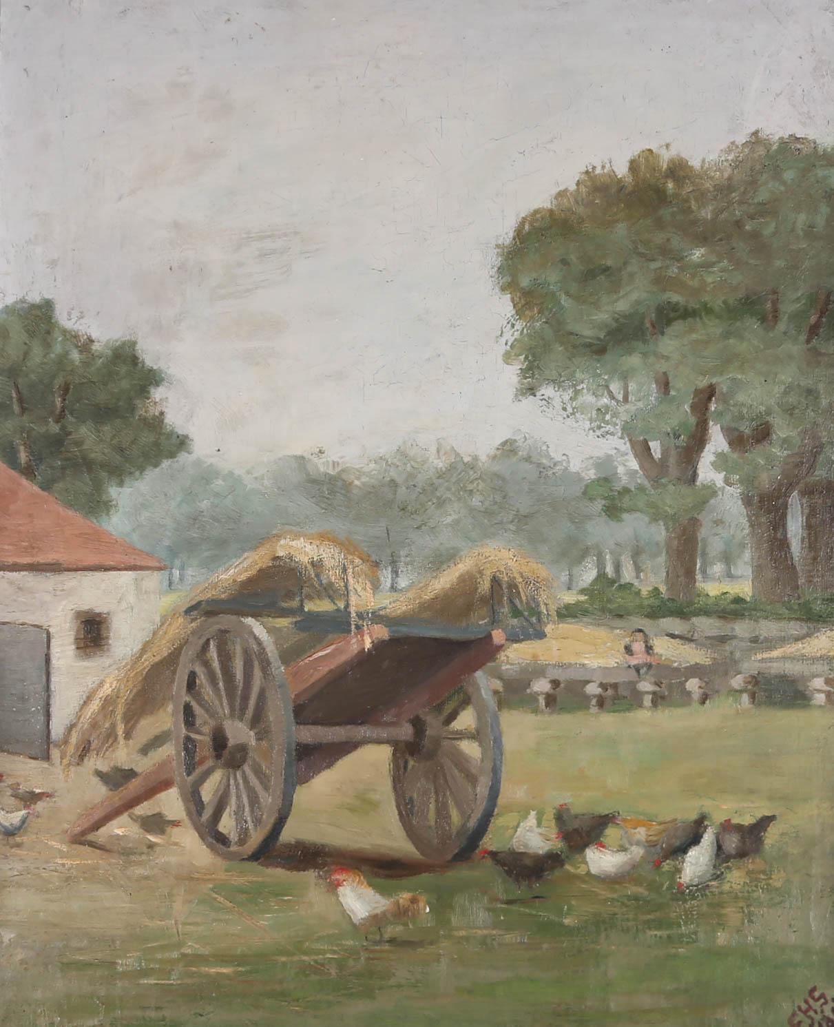 E.H.S - Framed 1896 Oil, Hay Cart in the Farmyard - Painting by E.H.S.