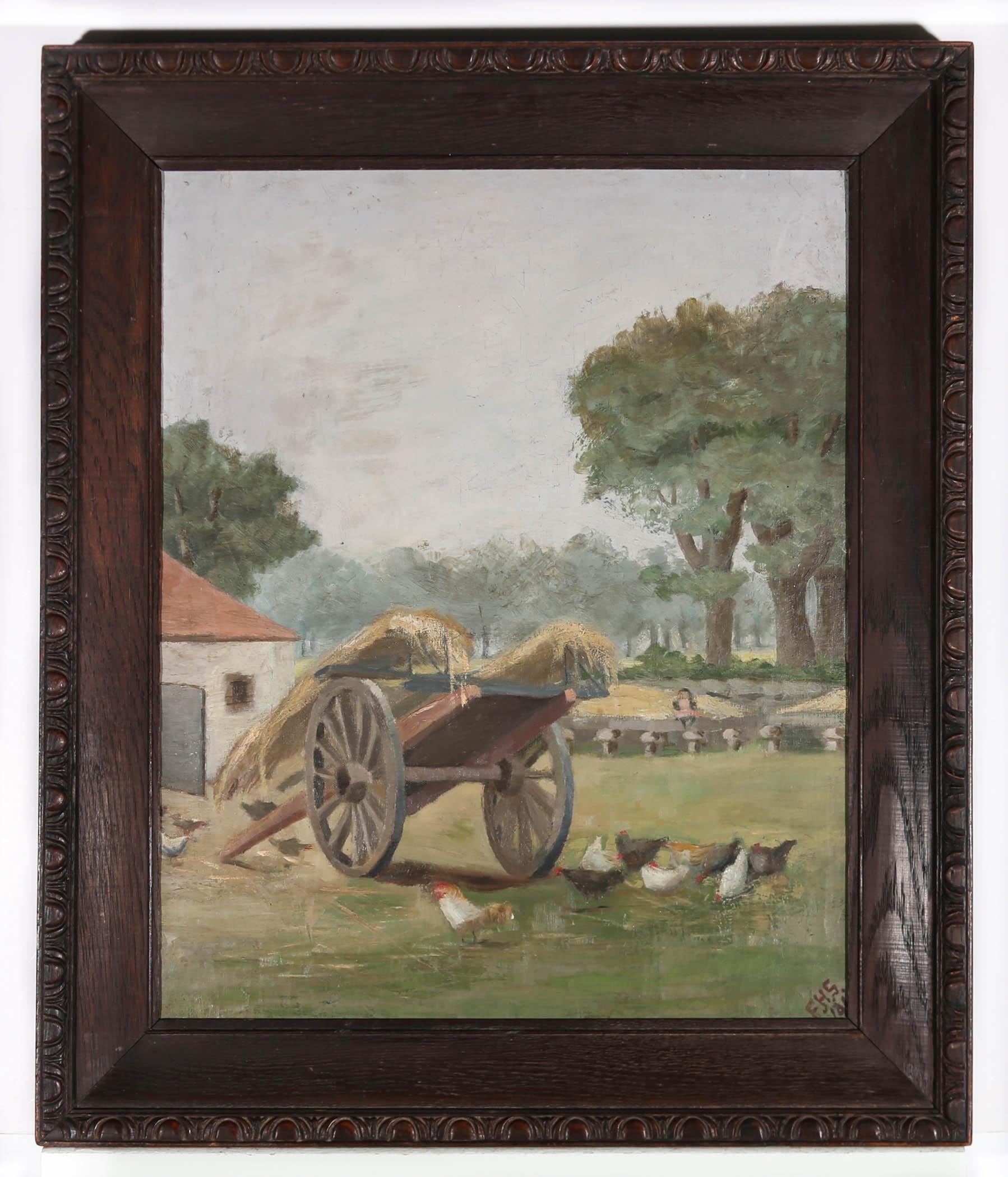 E.H.S. - Gerahmtes lgemlde, Hay Cart in the Farmyard, 1896 im Angebot 2