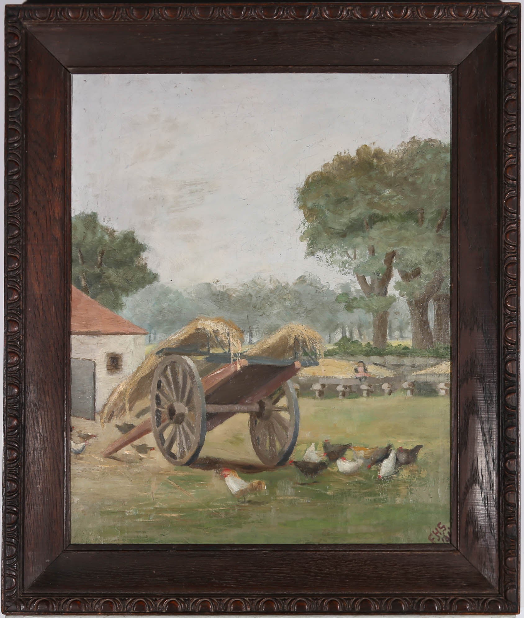 Ein charmantes Öl aus dem späten 19. Jahrhundert, das eine ruhige Bauernhofszene mit freilaufenden Hühnern zeigt, die an den heruntergefallenen Resten des Heuwagens picken. Das Gemälde ist in der rechten unteren Ecke mit Initialen signiert.